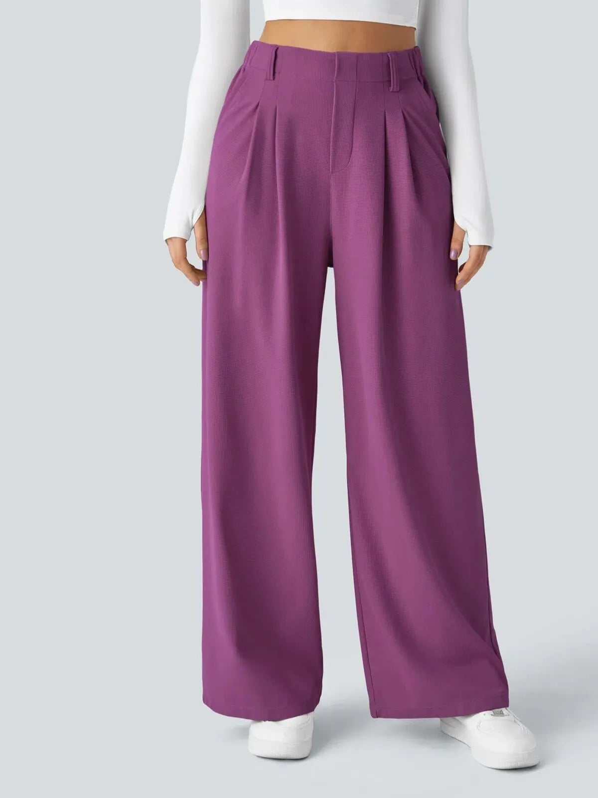 Comfortable Wear Solid Color Designs Ease Of Movement High Waisted Plicated Side Pocket Wide Leg Waffle Work Pants