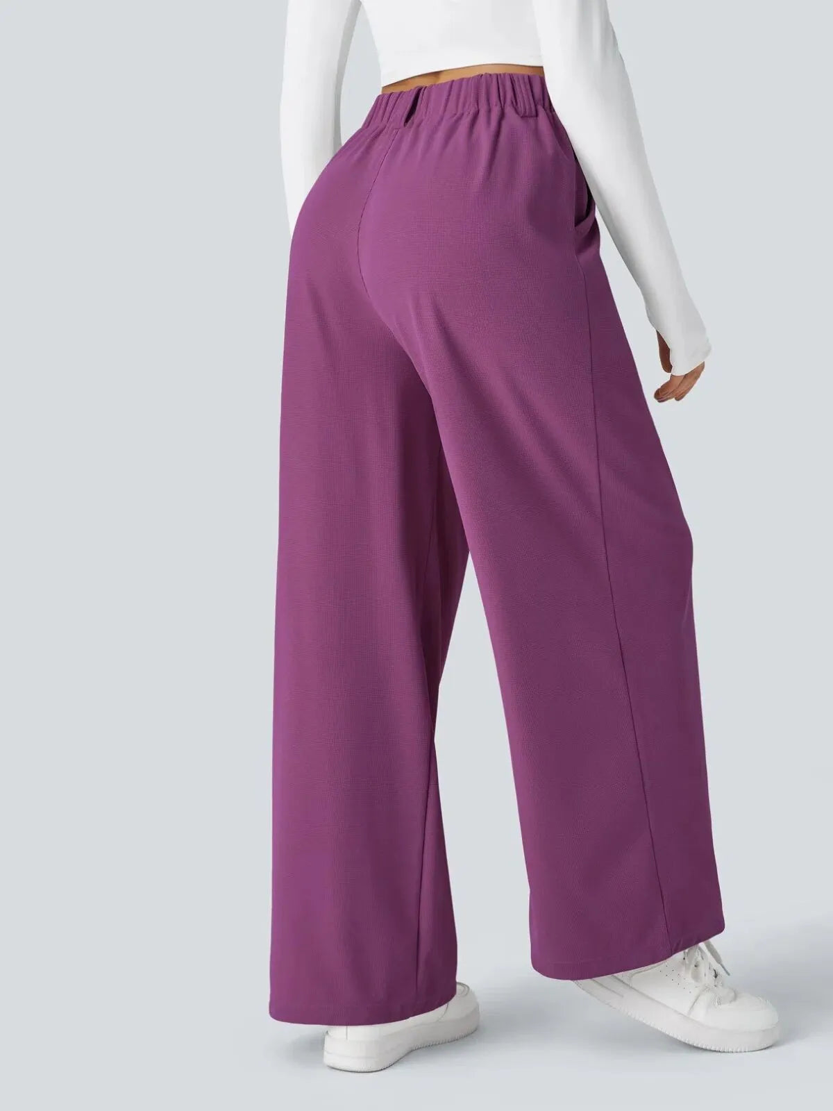 Comfortable Wear Solid Color Designs Ease Of Movement High Waisted Plicated Side Pocket Wide Leg Waffle Work Pants