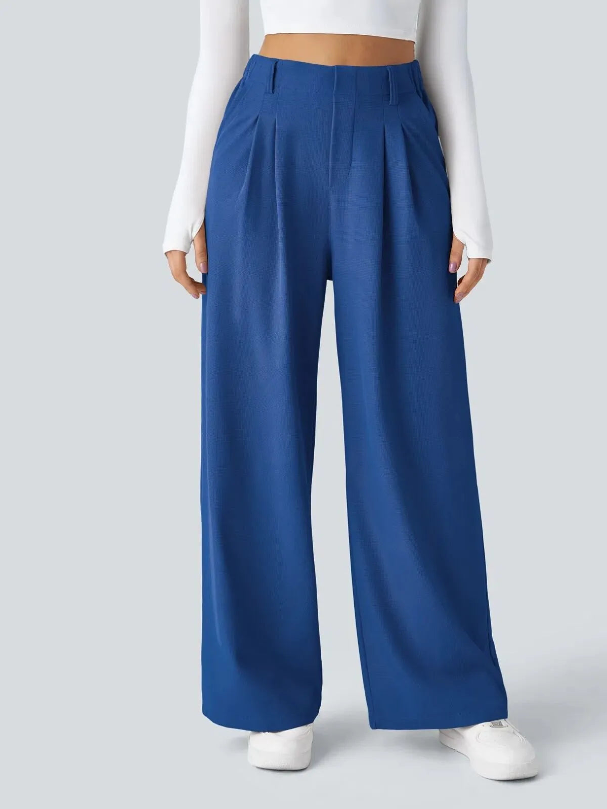 Comfortable Wear Solid Color Designs Ease Of Movement High Waisted Plicated Side Pocket Wide Leg Waffle Work Pants