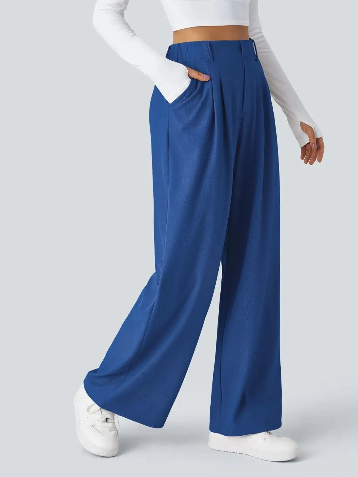 Comfortable Wear Solid Color Designs Ease Of Movement High Waisted Plicated Side Pocket Wide Leg Waffle Work Pants