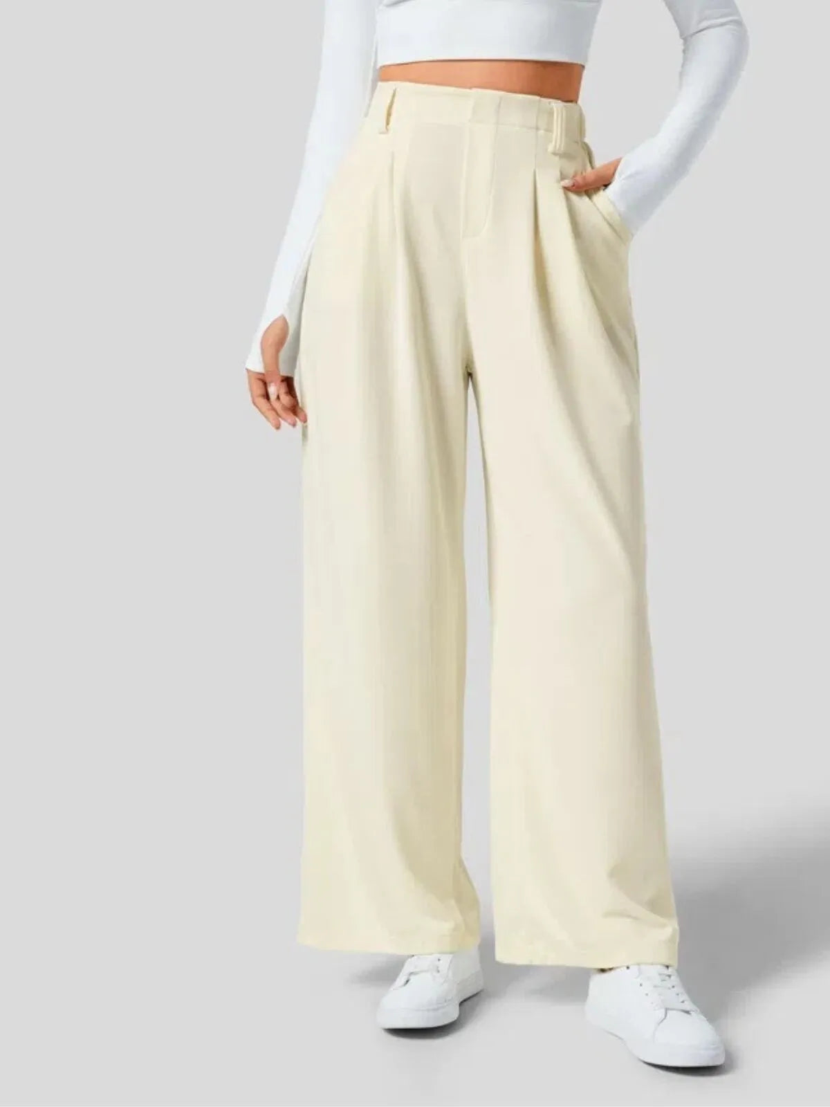 Comfortable Wear Solid Color Designs Ease Of Movement High Waisted Plicated Side Pocket Wide Leg Waffle Work Pants