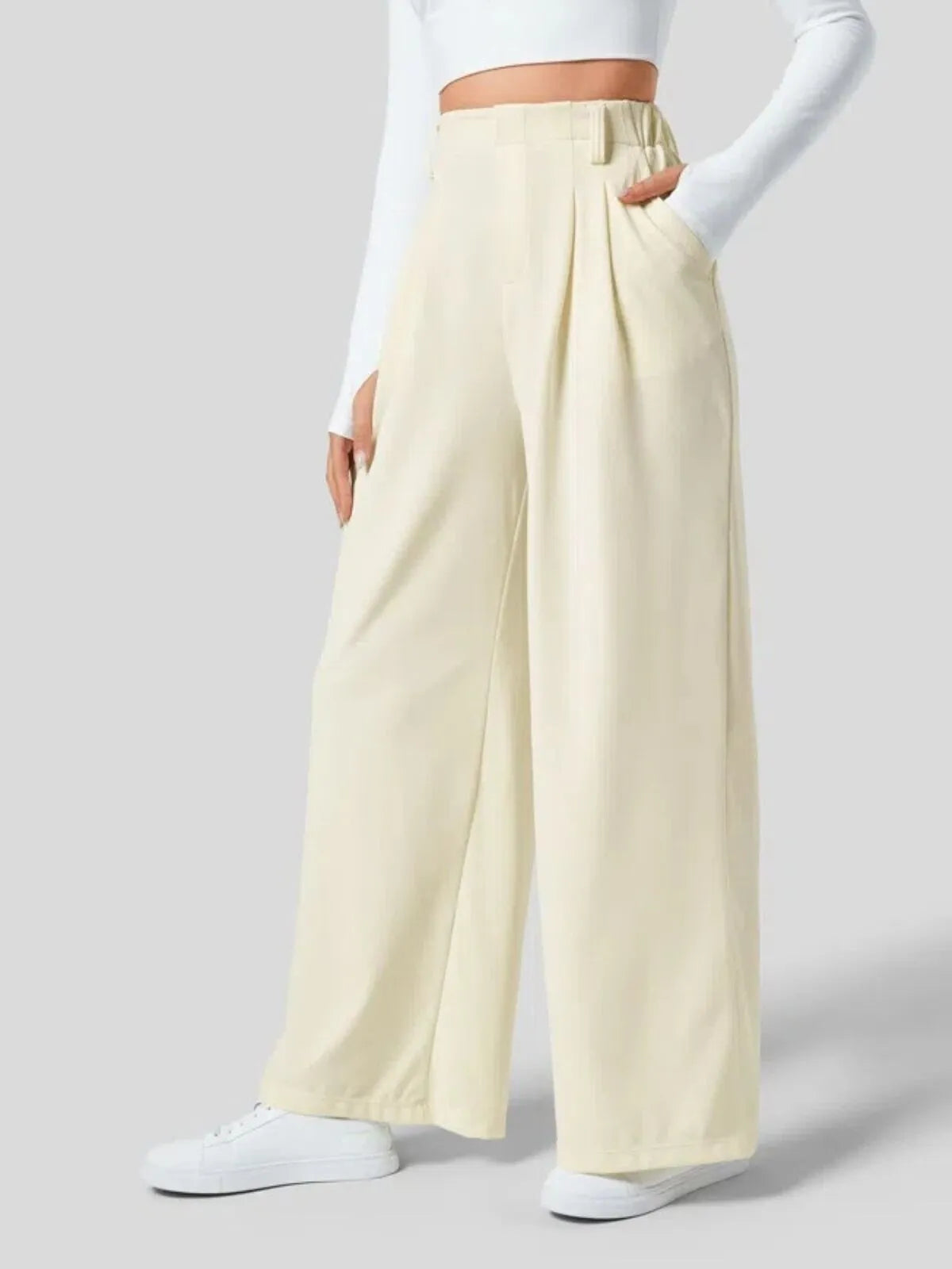 Comfortable Wear Solid Color Designs Ease Of Movement High Waisted Plicated Side Pocket Wide Leg Waffle Work Pants