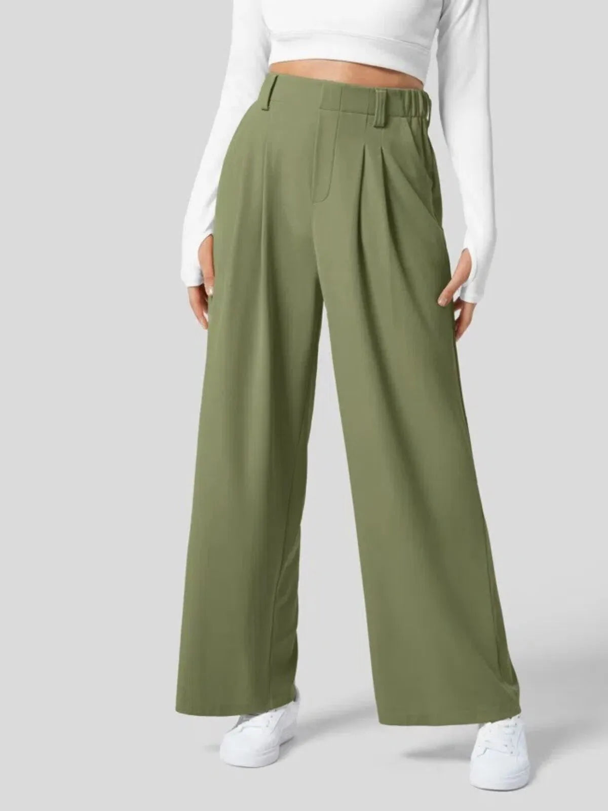 Comfortable Wear Solid Color Designs Ease Of Movement High Waisted Plicated Side Pocket Wide Leg Waffle Work Pants