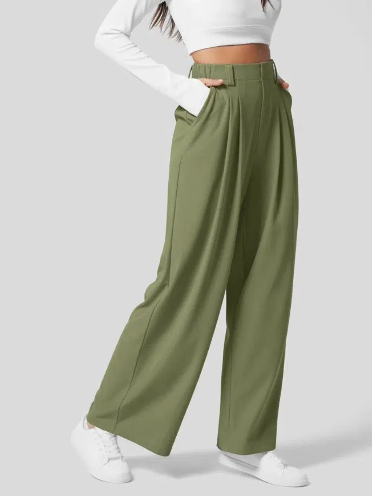 Comfortable Wear Solid Color Designs Ease Of Movement High Waisted Plicated Side Pocket Wide Leg Waffle Work Pants