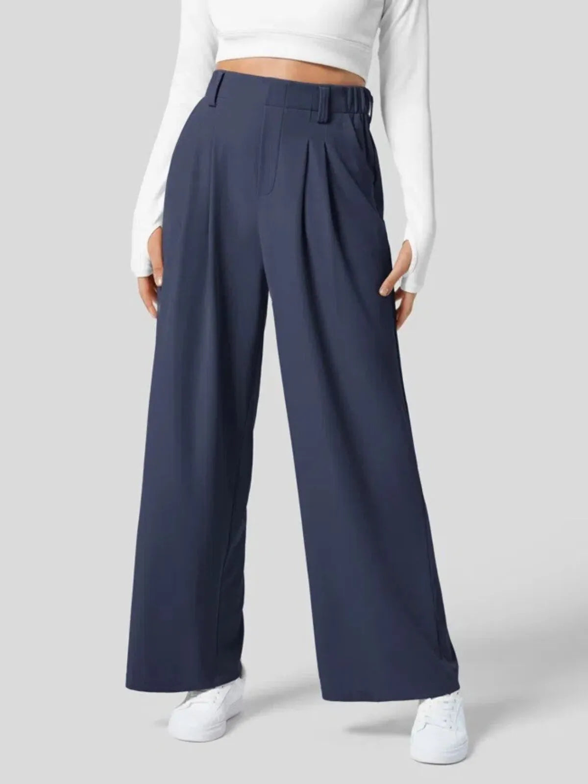 Comfortable Wear Solid Color Designs Ease Of Movement High Waisted Plicated Side Pocket Wide Leg Waffle Work Pants