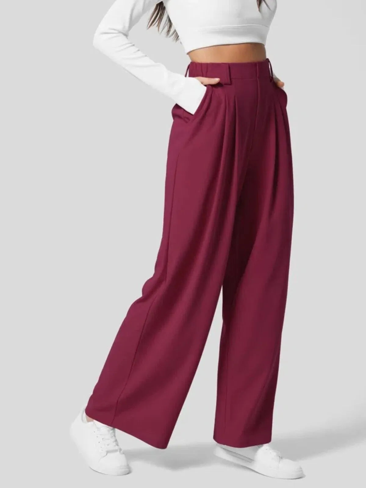 Comfortable Wear Solid Color Designs Ease Of Movement High Waisted Plicated Side Pocket Wide Leg Waffle Work Pants