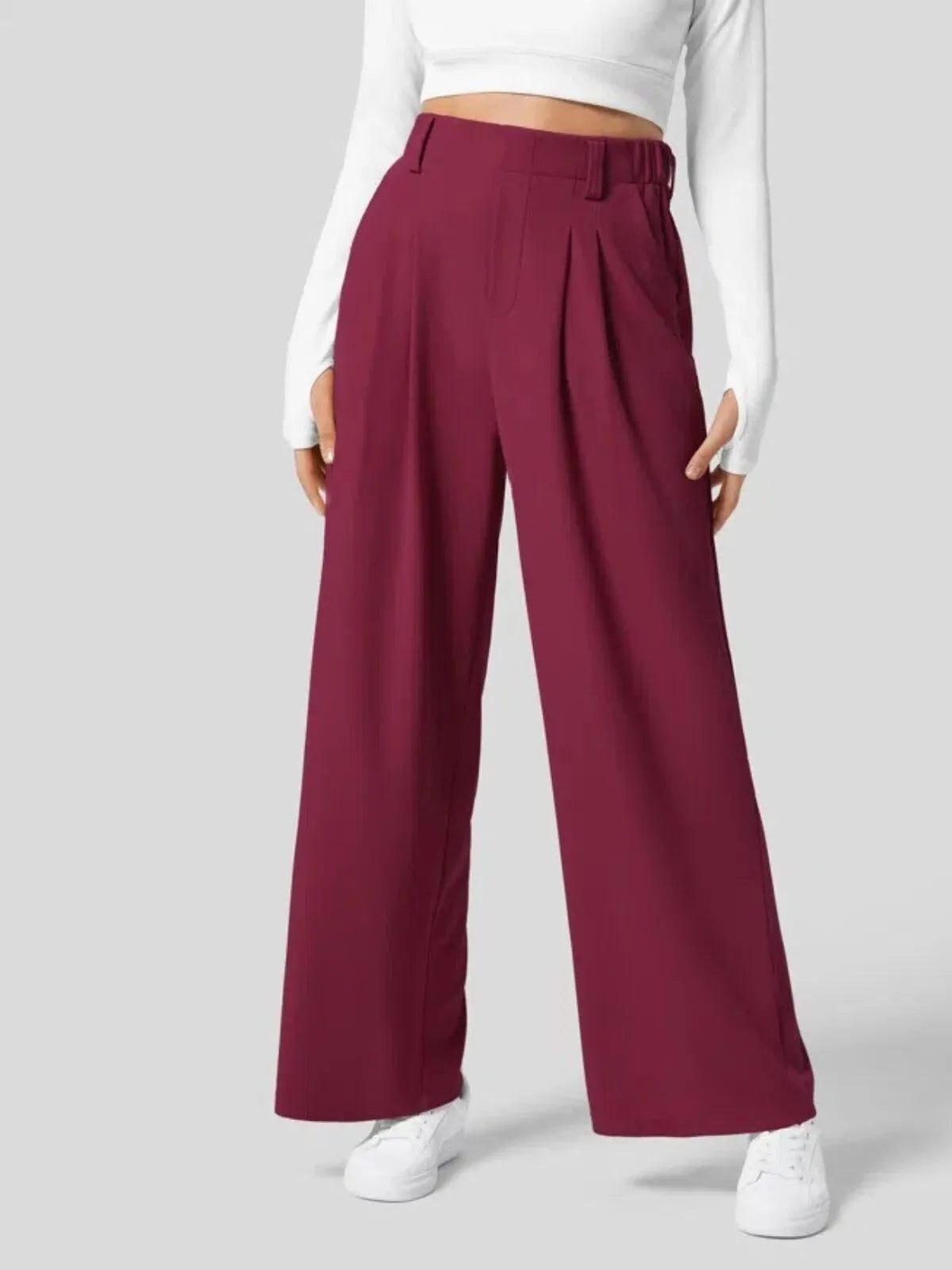 Comfortable Wear Solid Color Designs Ease Of Movement High Waisted Plicated Side Pocket Wide Leg Waffle Work Pants