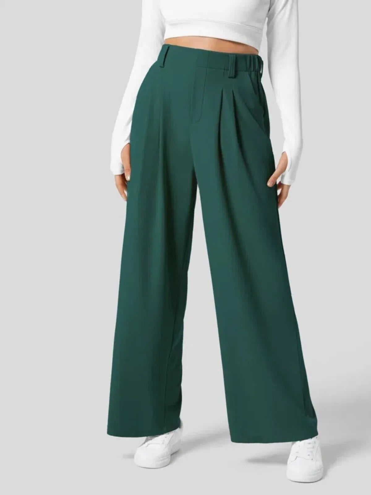 Comfortable Wear Solid Color Designs Ease Of Movement High Waisted Plicated Side Pocket Wide Leg Waffle Work Pants