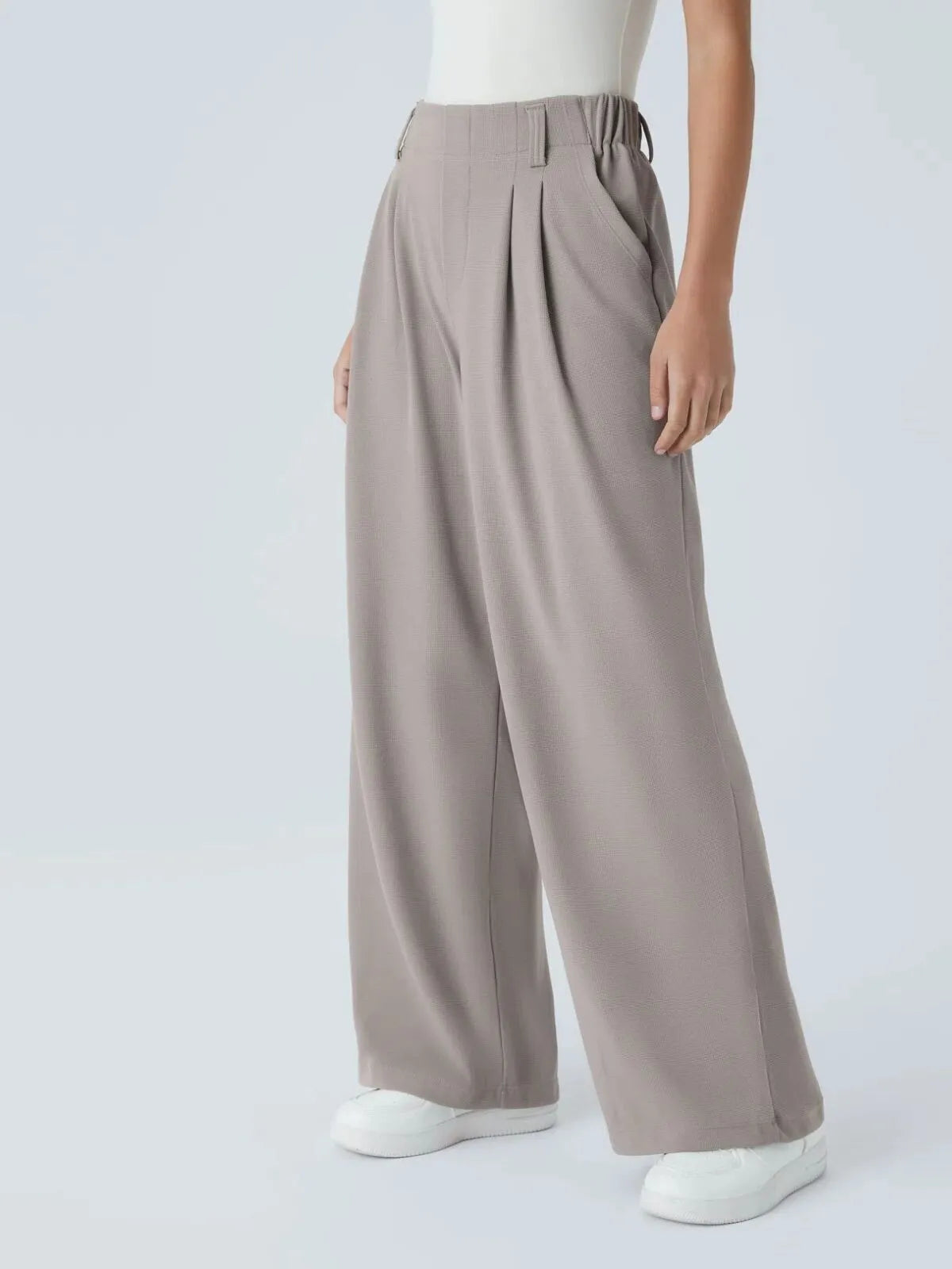 Comfortable Wear Solid Color Designs Ease Of Movement High Waisted Plicated Side Pocket Wide Leg Waffle Work Pants