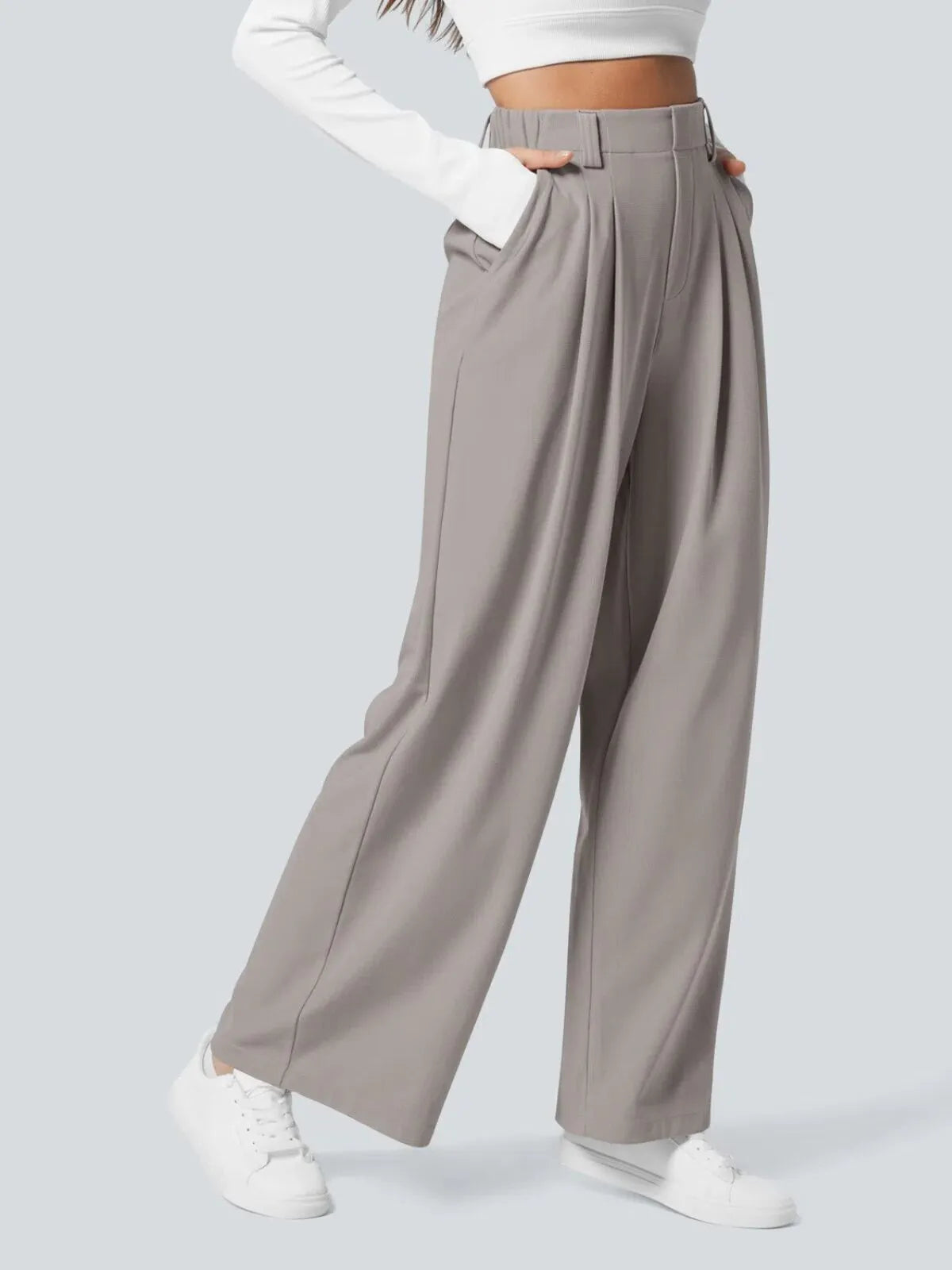 Comfortable Wear Solid Color Designs Ease Of Movement High Waisted Plicated Side Pocket Wide Leg Waffle Work Pants