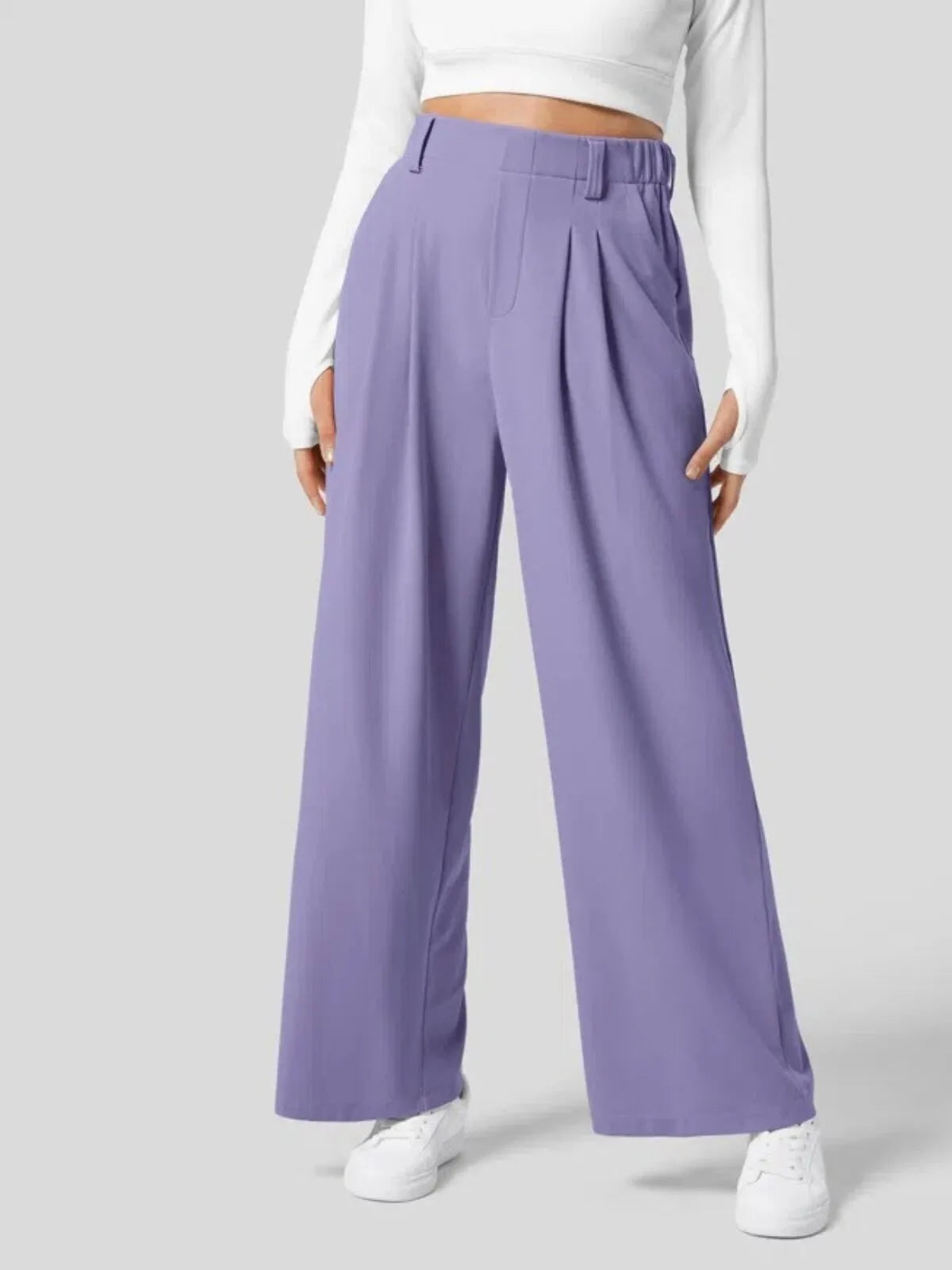 Comfortable Wear Solid Color Designs Ease Of Movement High Waisted Plicated Side Pocket Wide Leg Waffle Work Pants