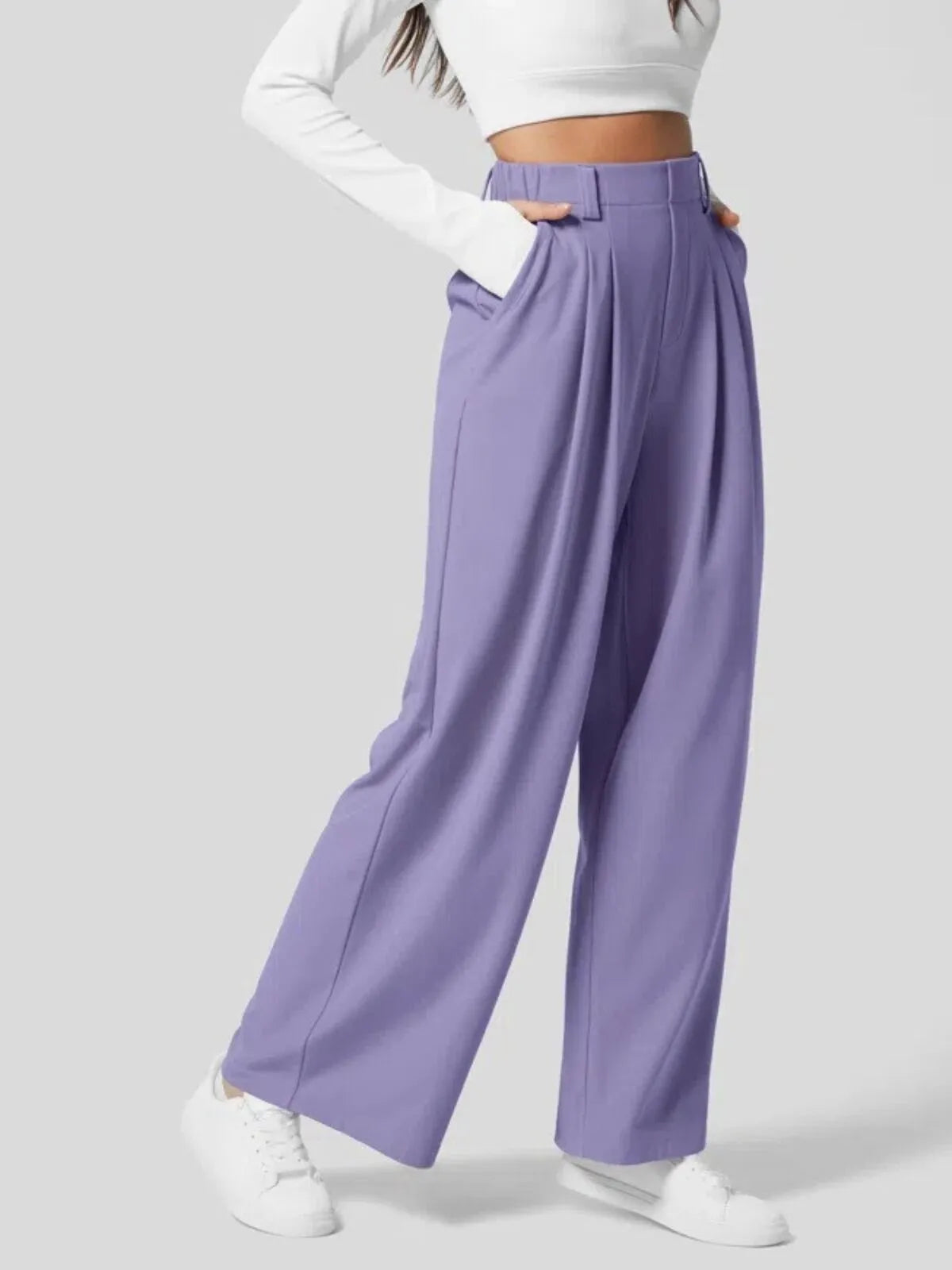 Comfortable Wear Solid Color Designs Ease Of Movement High Waisted Plicated Side Pocket Wide Leg Waffle Work Pants