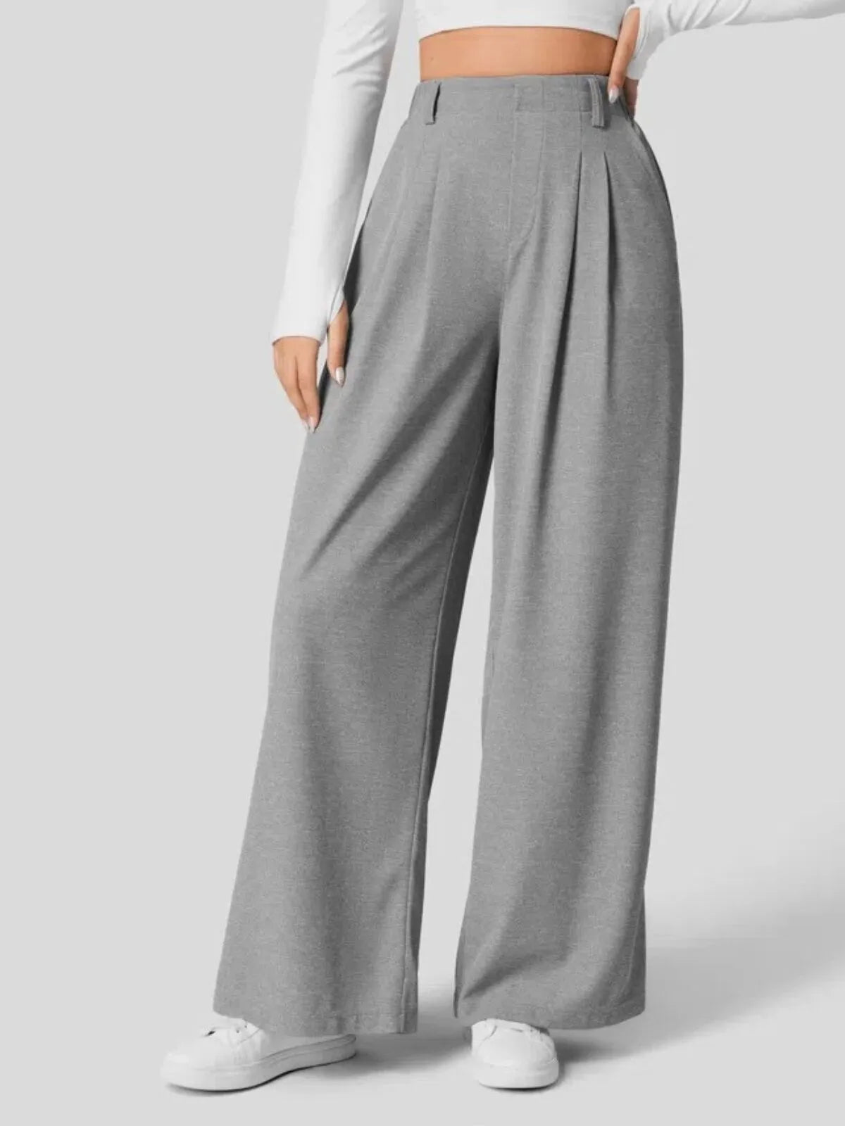 Comfortable Wear Solid Color Designs Ease Of Movement High Waisted Plicated Side Pocket Wide Leg Waffle Work Pants