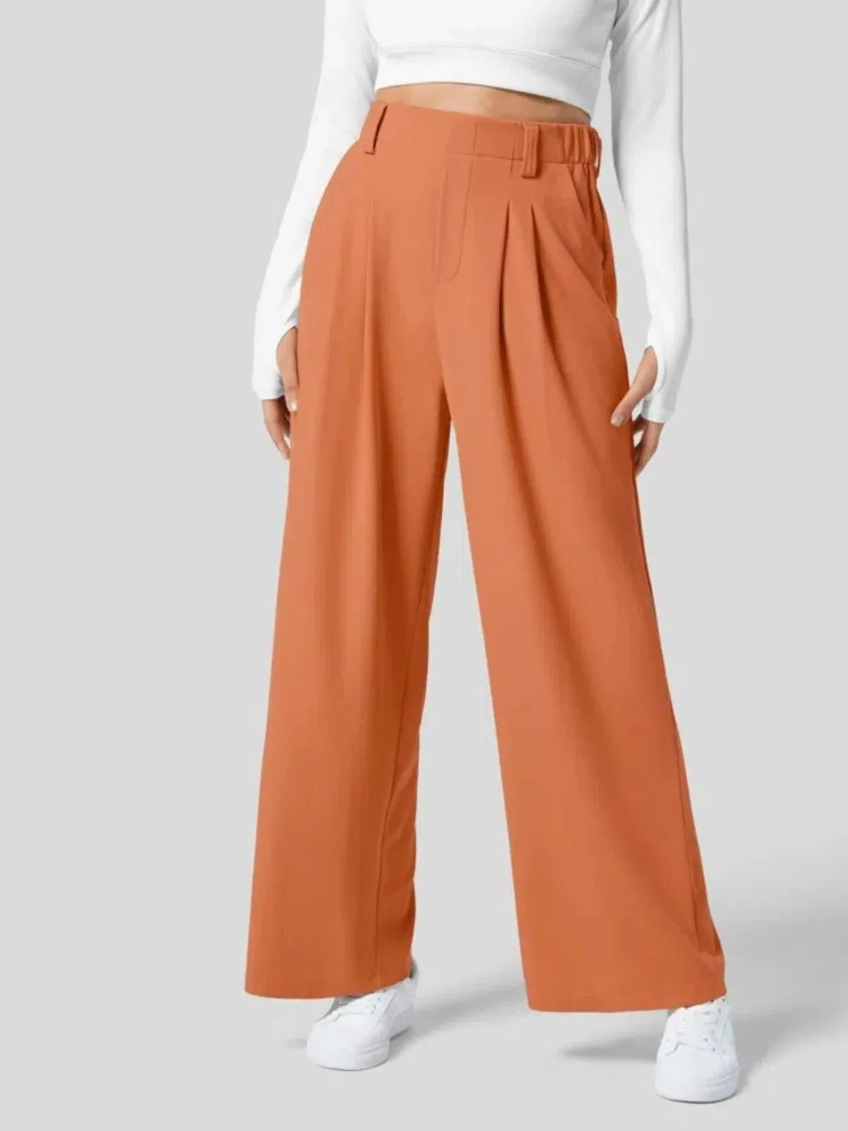 Comfortable Wear Solid Color Designs Ease Of Movement High Waisted Plicated Side Pocket Wide Leg Waffle Work Pants