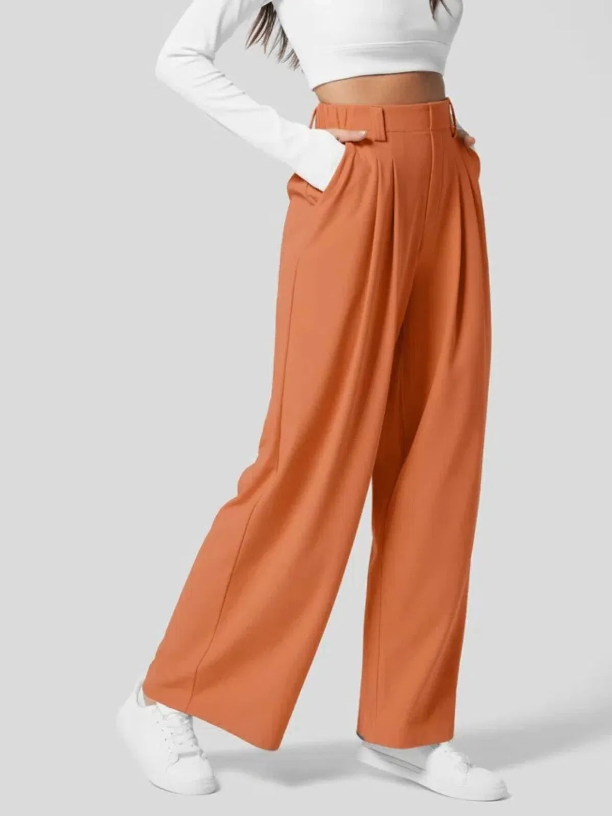 Comfortable Wear Solid Color Designs Ease Of Movement High Waisted Plicated Side Pocket Wide Leg Waffle Work Pants