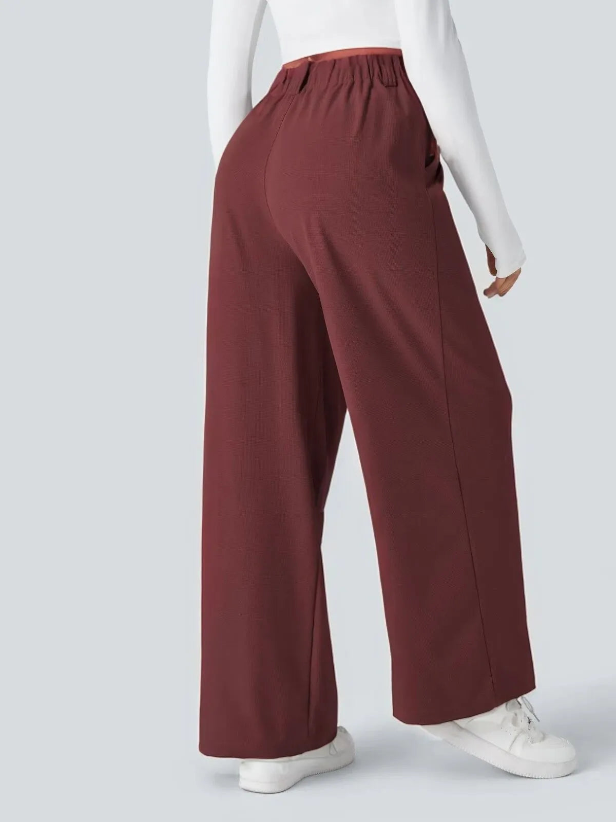Comfortable Wear Solid Color Designs Ease Of Movement High Waisted Plicated Side Pocket Wide Leg Waffle Work Pants