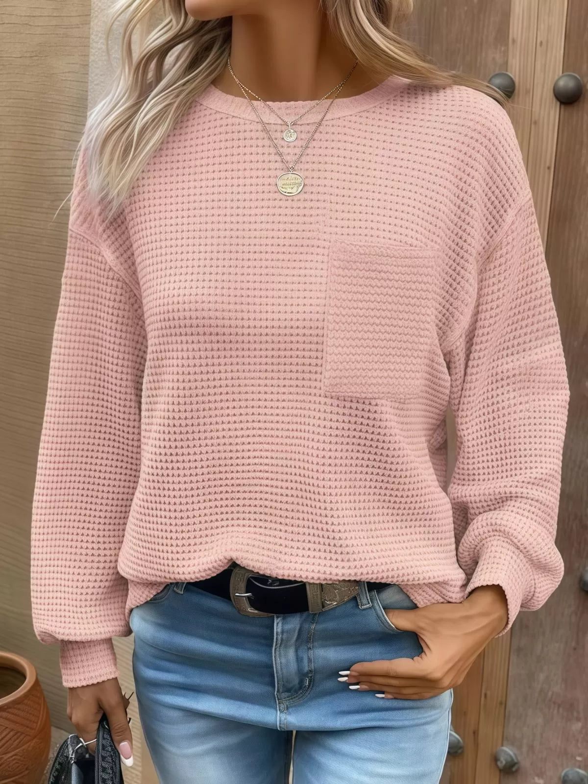 Solid Pocket Round Neck Waffle Knit Business Casual Blouses Basic Shirts
