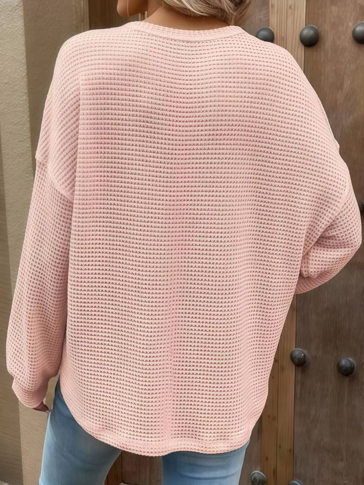 Solid Pocket Round Neck Waffle Knit Business Casual Blouses Basic Shirts