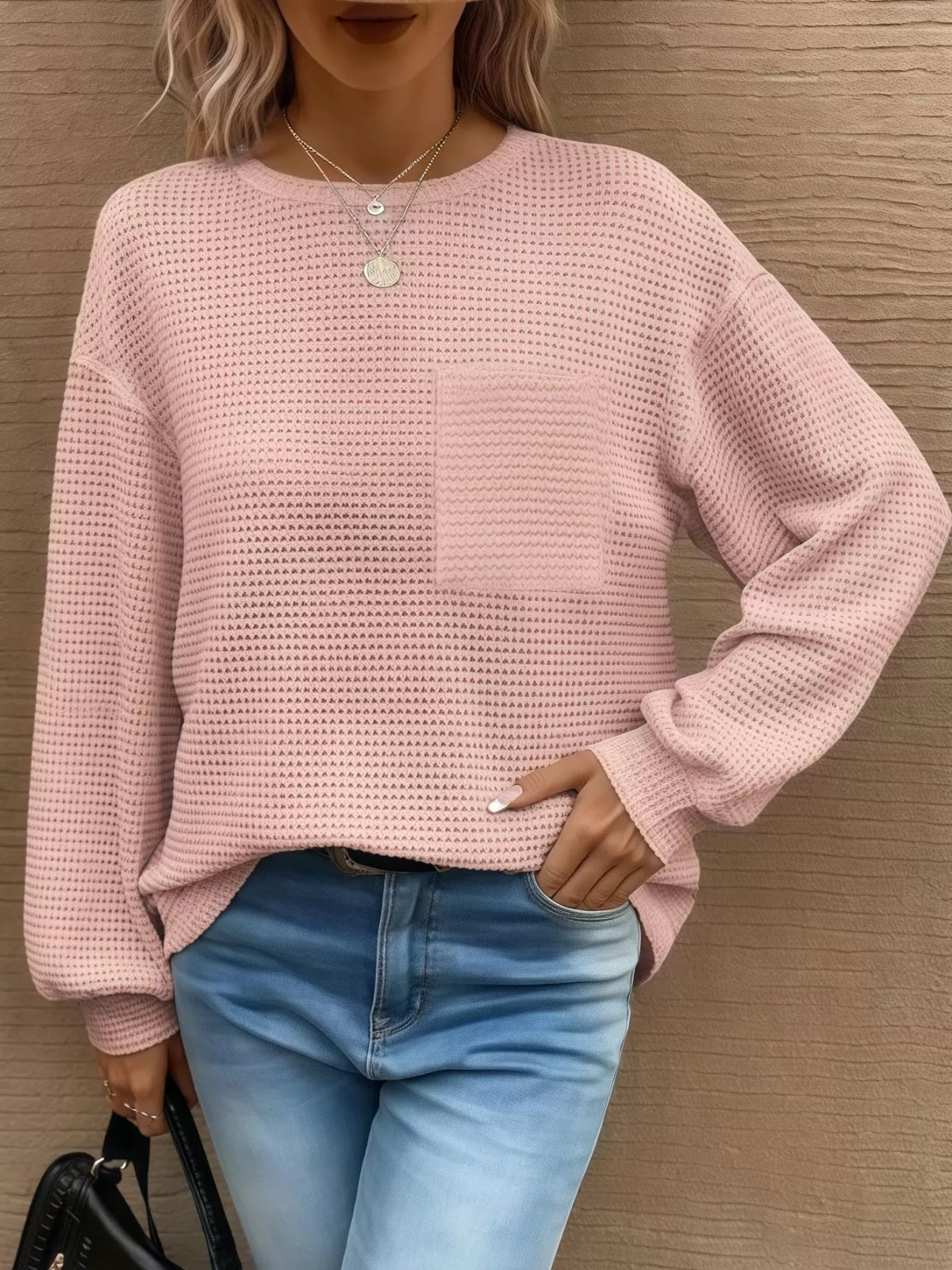 Solid Pocket Round Neck Waffle Knit Business Casual Blouses Basic Shirts