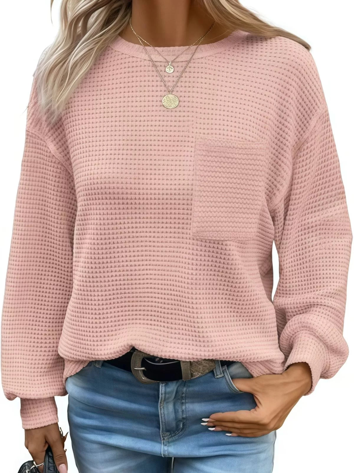 Solid Pocket Round Neck Waffle Knit Business Casual Blouses Basic Shirts