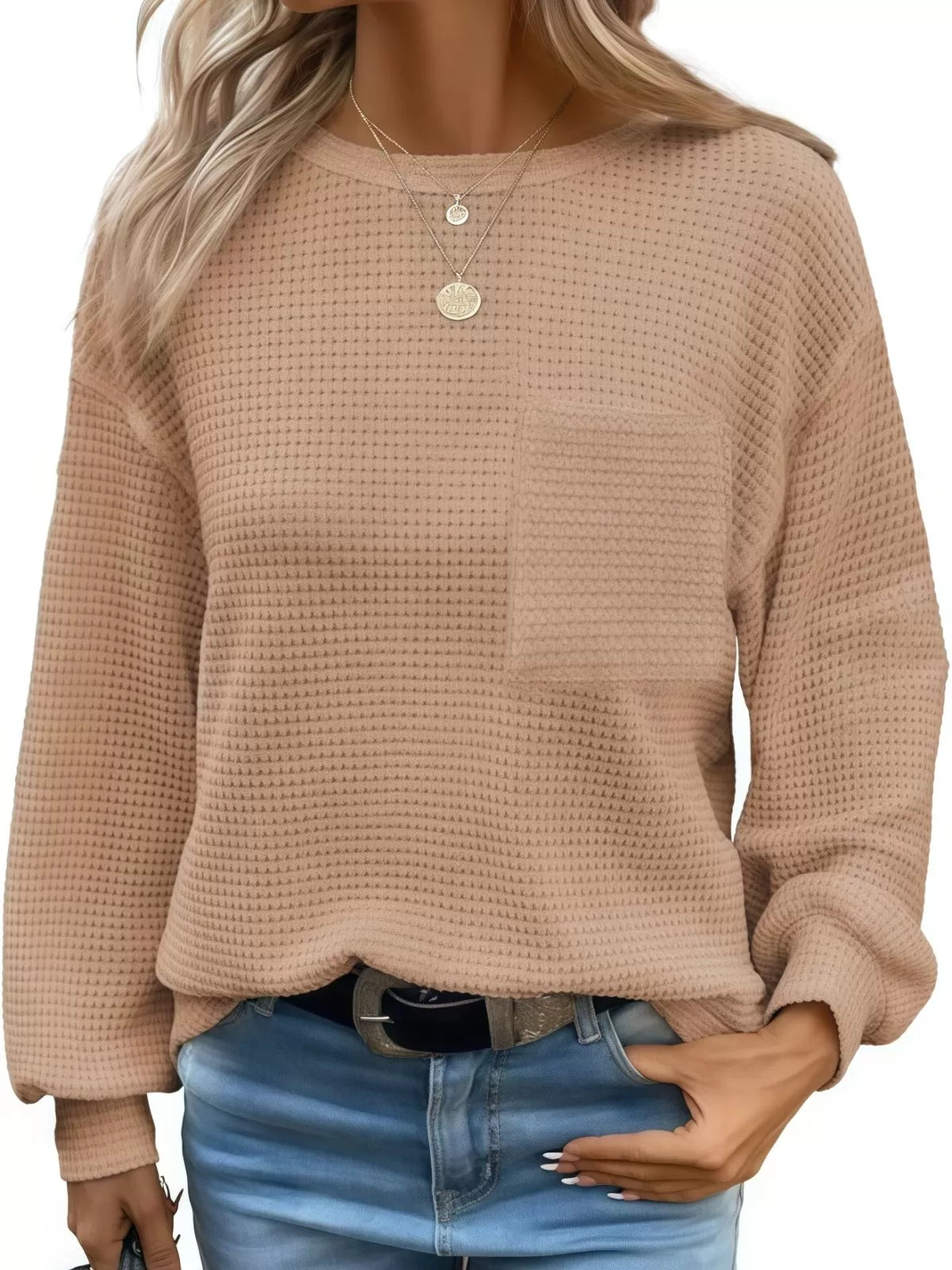 Solid Pocket Round Neck Waffle Knit Business Casual Blouses Basic Shirts