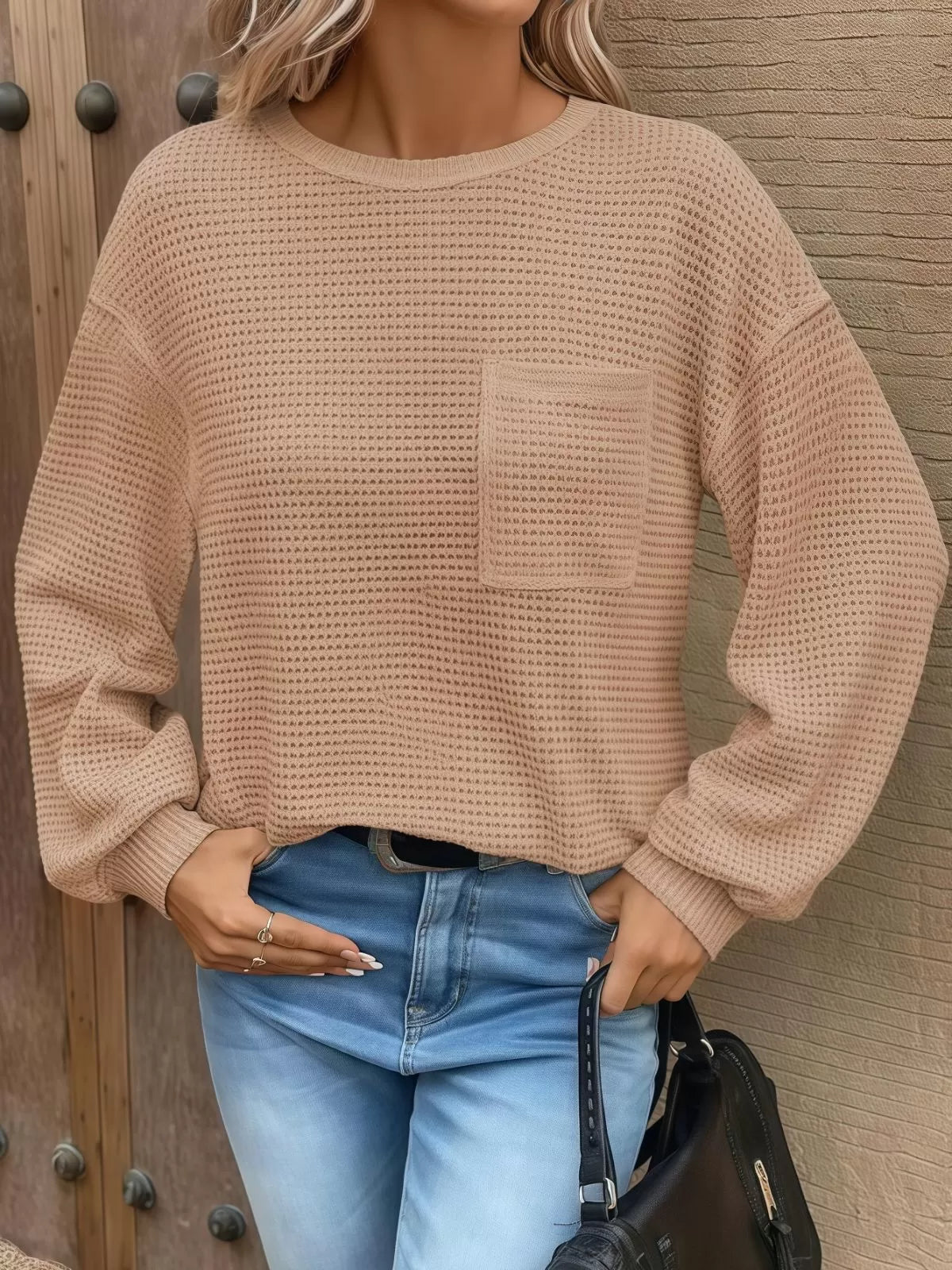 Solid Pocket Round Neck Waffle Knit Business Casual Blouses Basic Shirts
