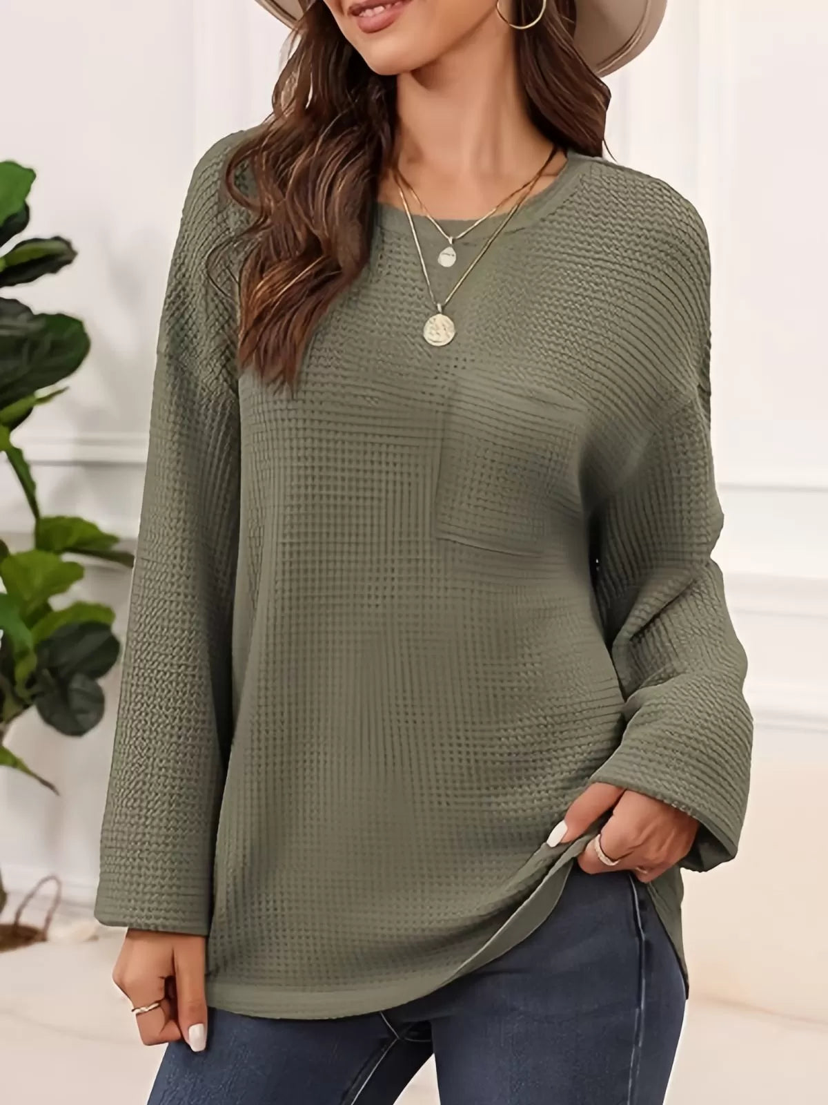 Solid Pocket Round Neck Waffle Knit Business Casual Blouses Basic Shirts