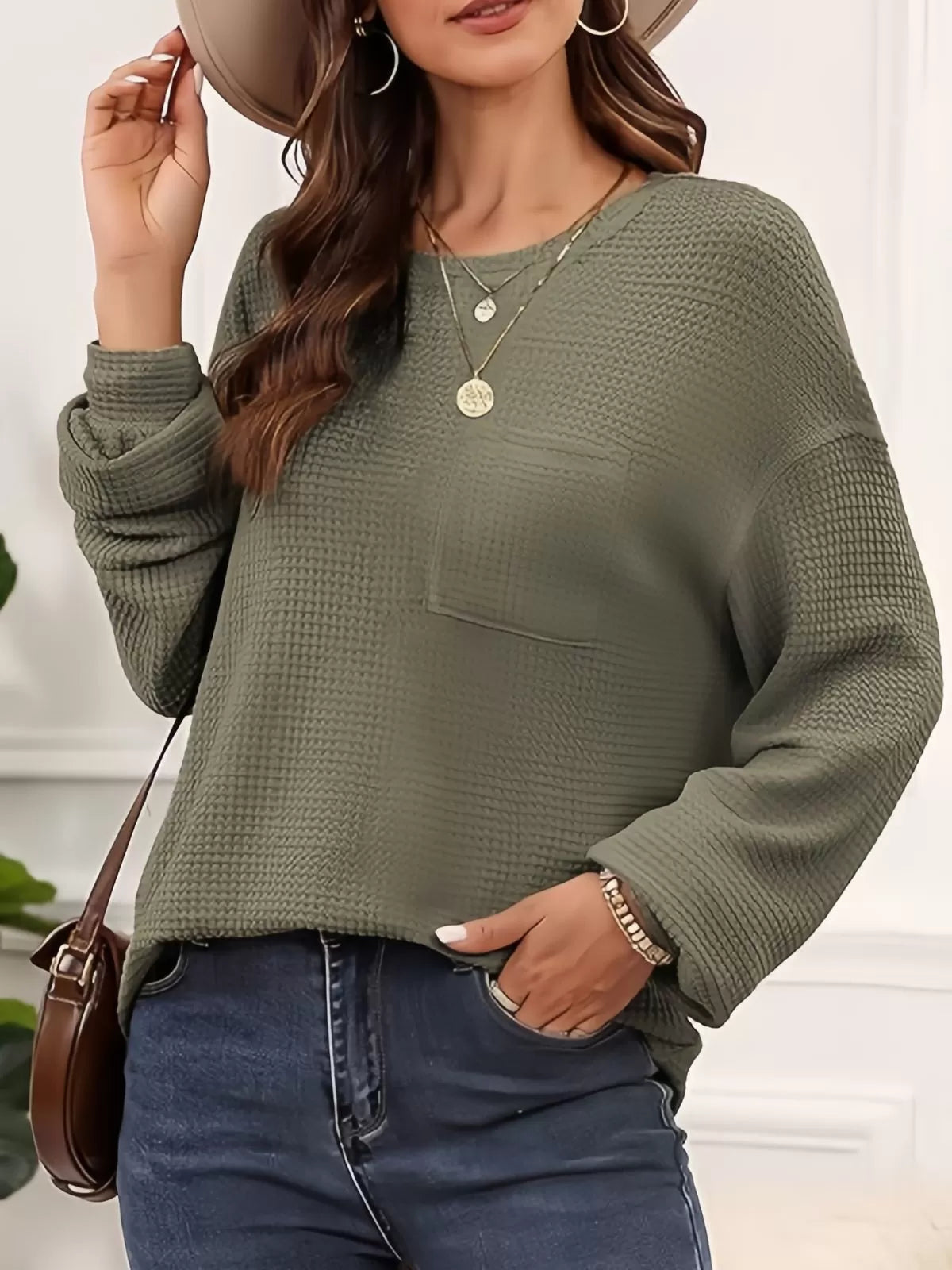 Solid Pocket Round Neck Waffle Knit Business Casual Blouses Basic Shirts