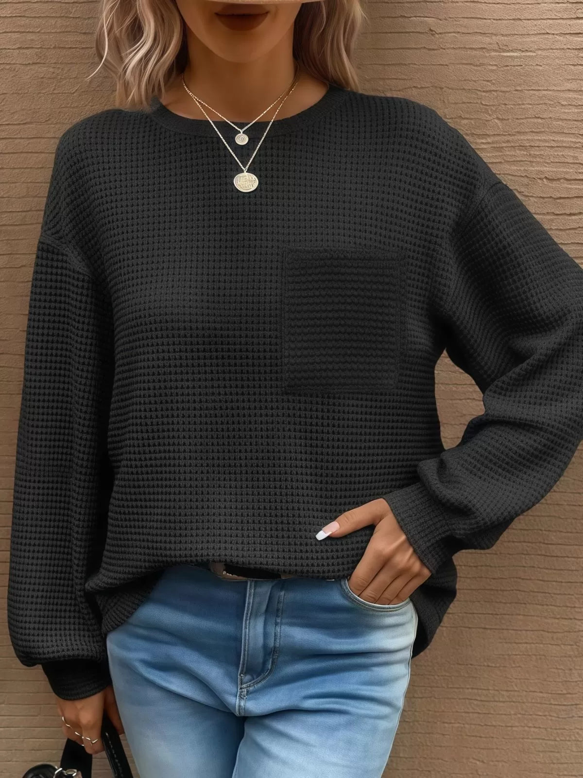 Solid Pocket Round Neck Waffle Knit Business Casual Blouses Basic Shirts