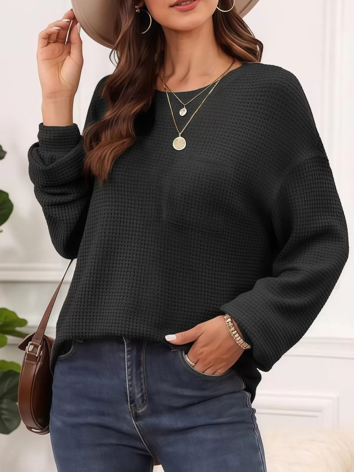 Solid Pocket Round Neck Waffle Knit Business Casual Blouses Basic Shirts