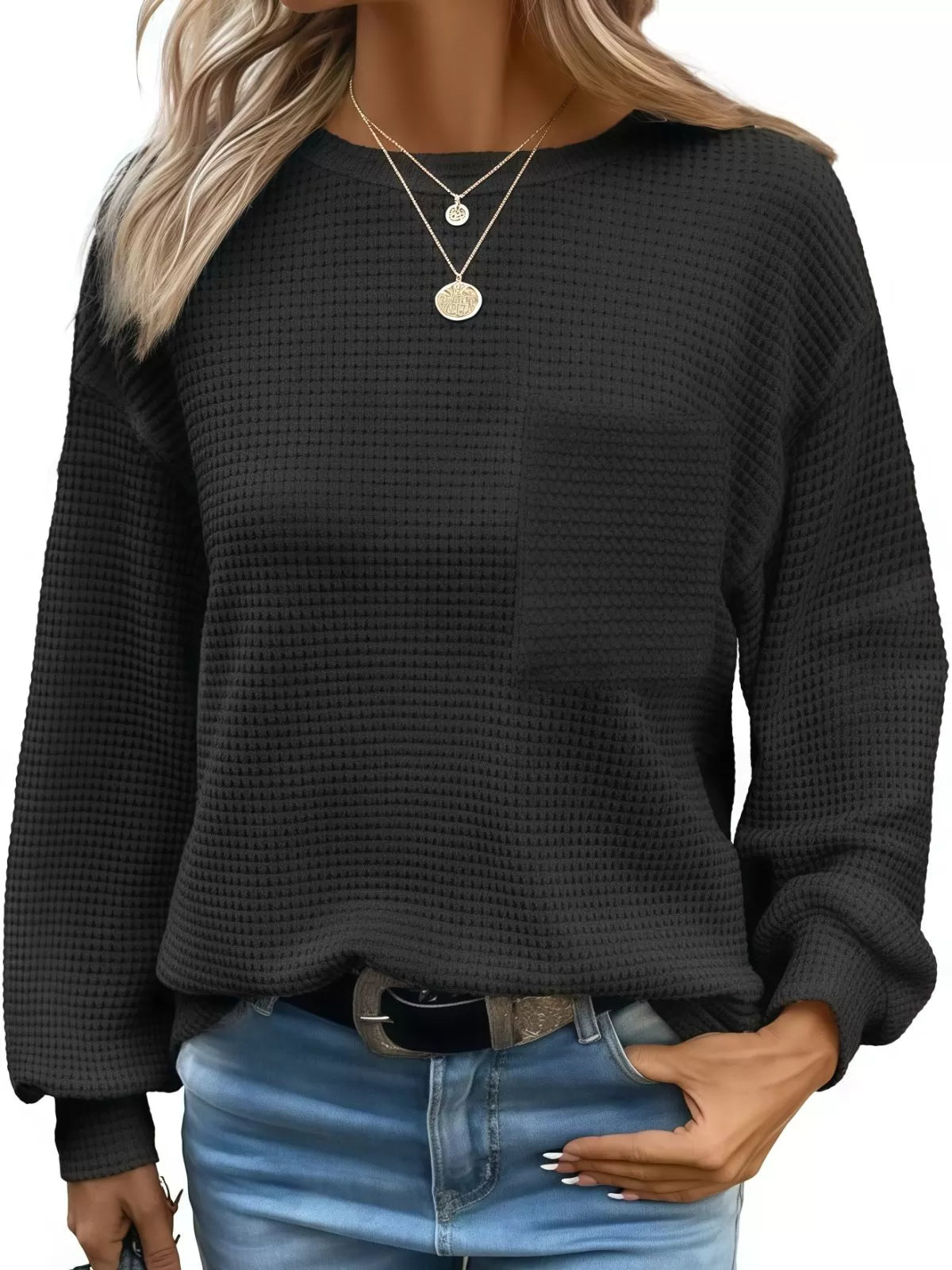 Solid Pocket Round Neck Waffle Knit Business Casual Blouses Basic Shirts