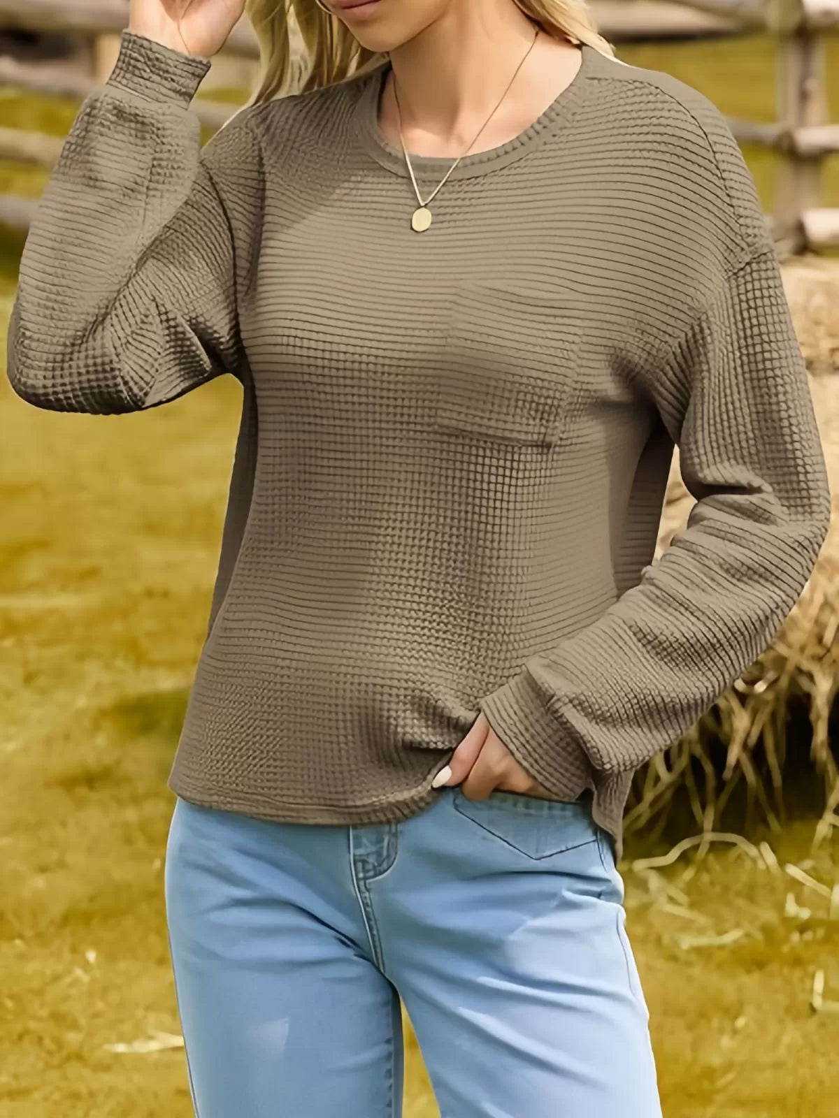 Solid Pocket Round Neck Waffle Knit Business Casual Blouses Basic Shirts