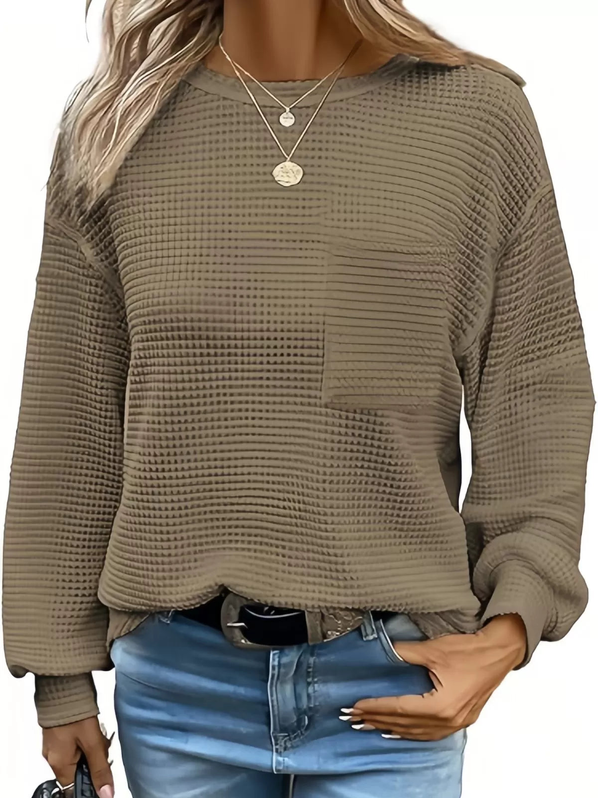 Solid Pocket Round Neck Waffle Knit Business Casual Blouses Basic Shirts