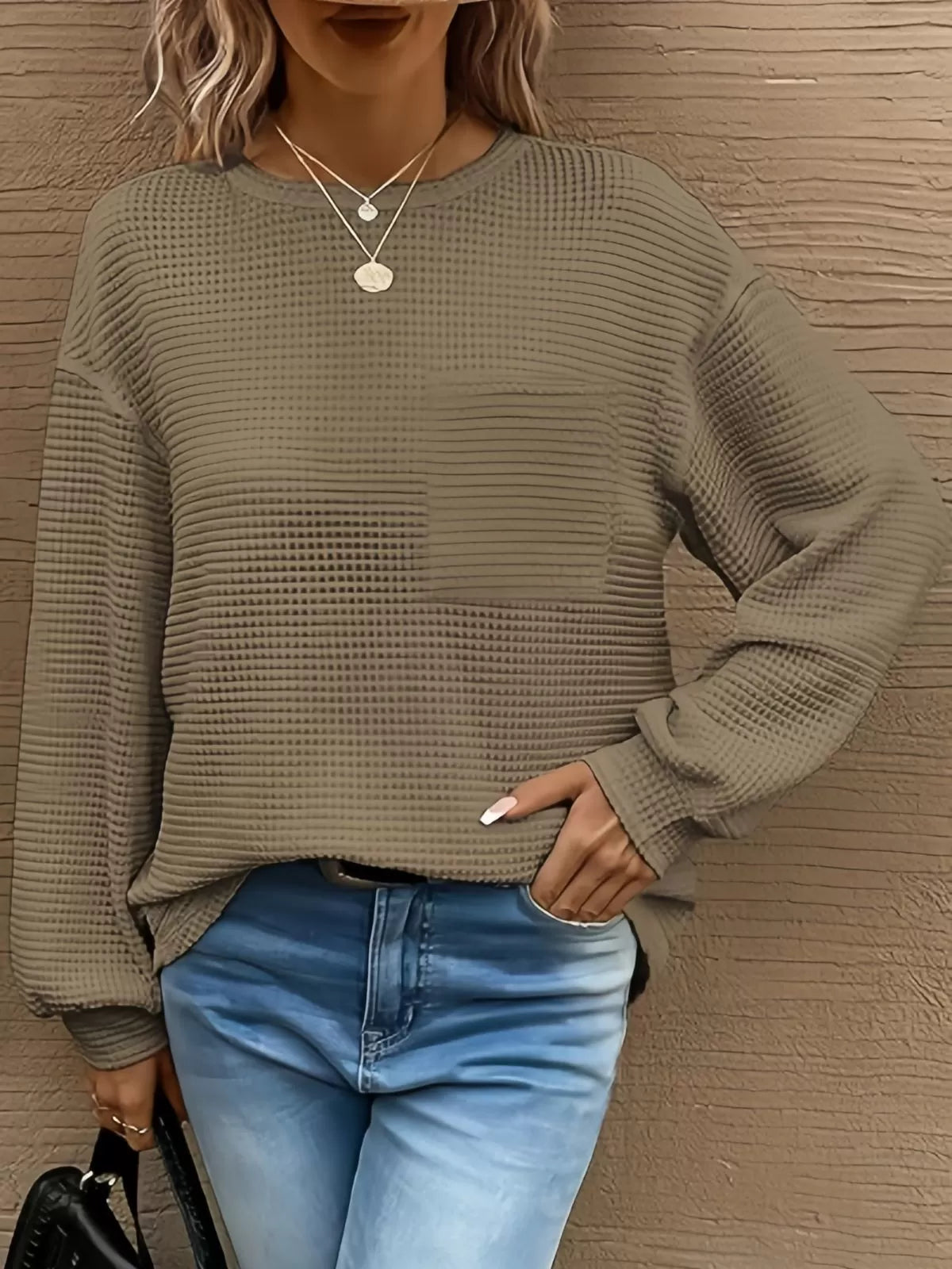 Solid Pocket Round Neck Waffle Knit Business Casual Blouses Basic Shirts