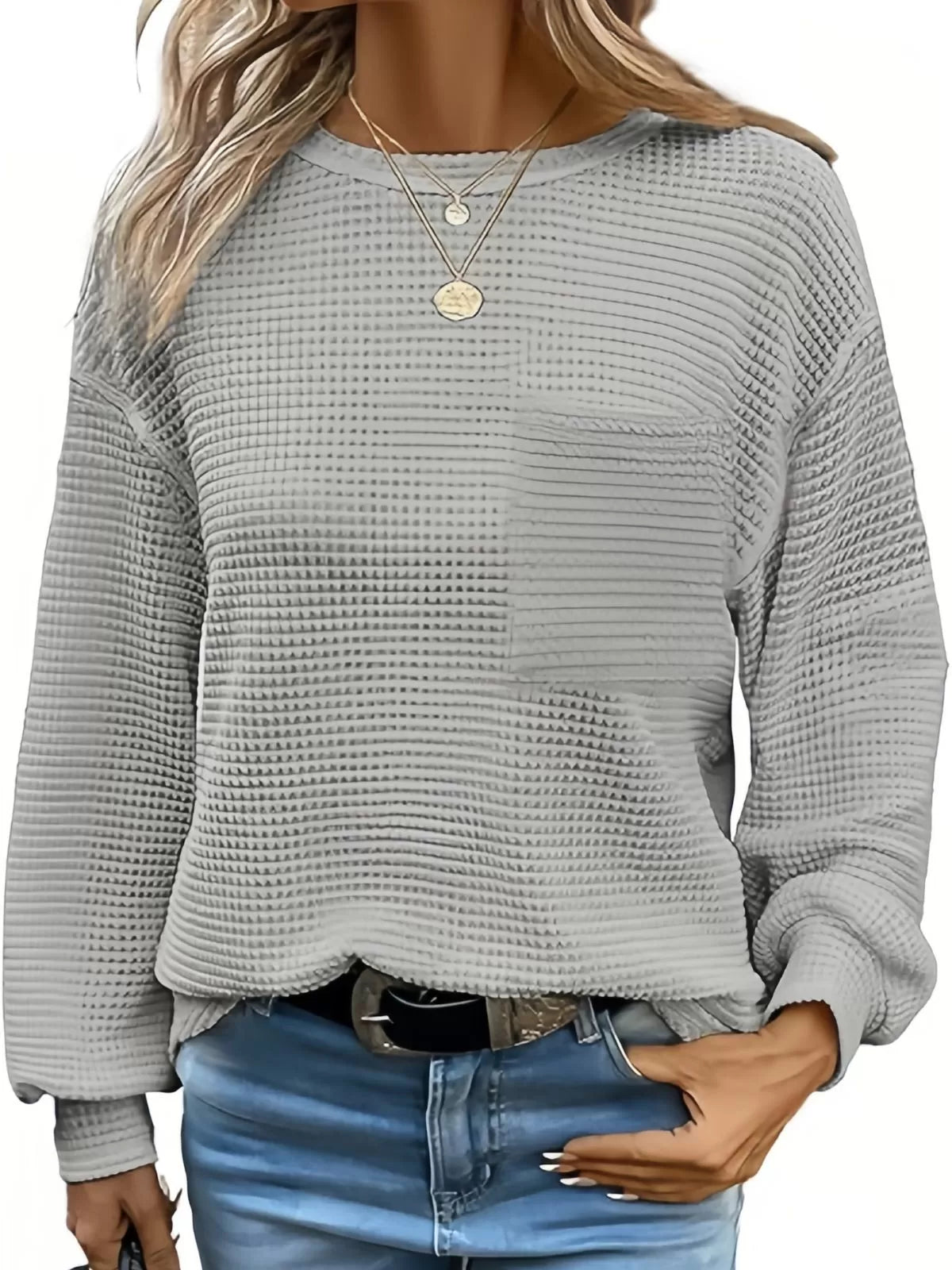 Solid Pocket Round Neck Waffle Knit Business Casual Blouses Basic Shirts