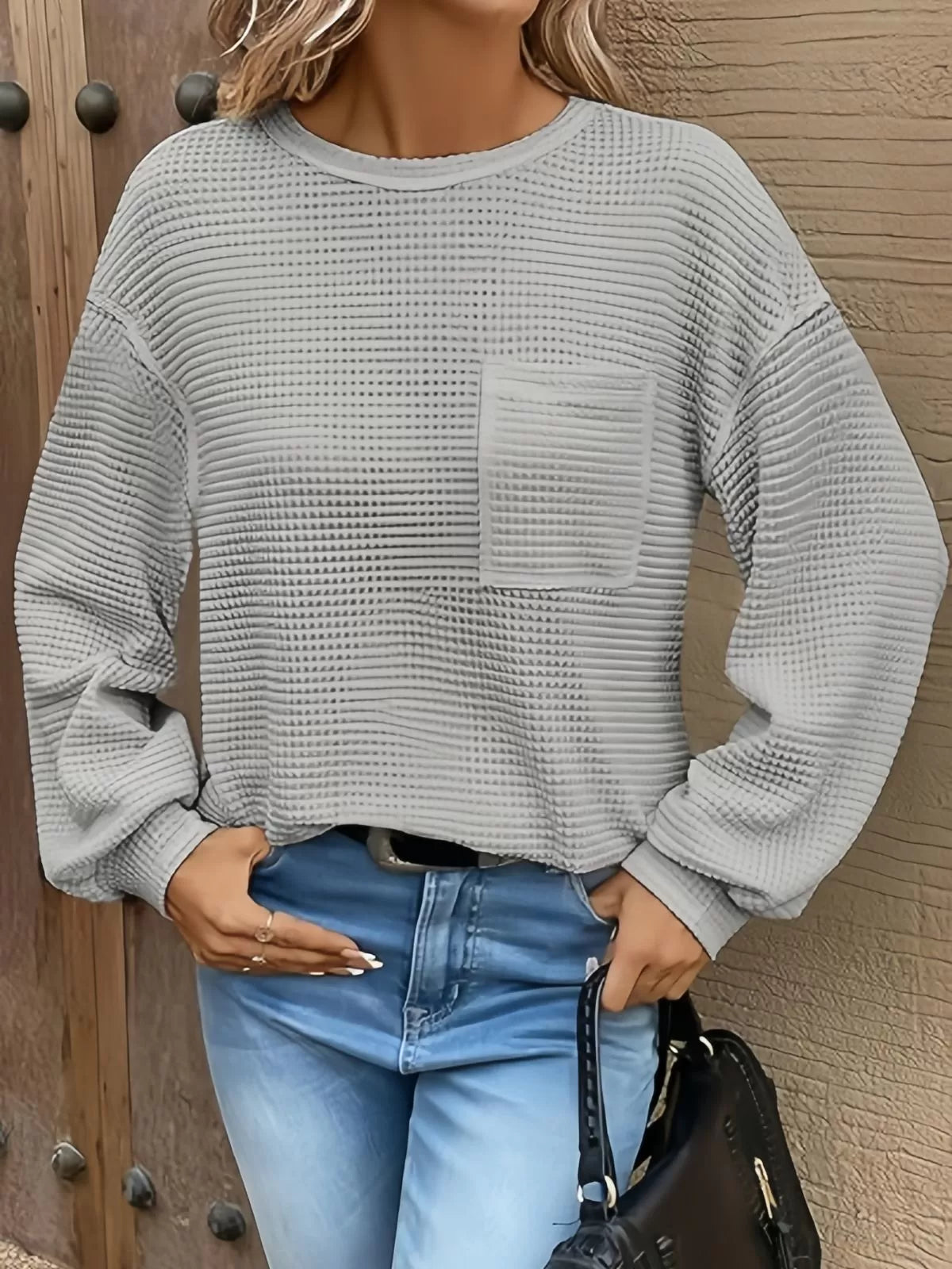 Solid Pocket Round Neck Waffle Knit Business Casual Blouses Basic Shirts