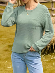 Solid Pocket Round Neck Waffle Knit Business Casual Blouses Basic Shirts