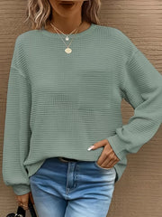 Solid Pocket Round Neck Waffle Knit Business Casual Blouses Basic Shirts