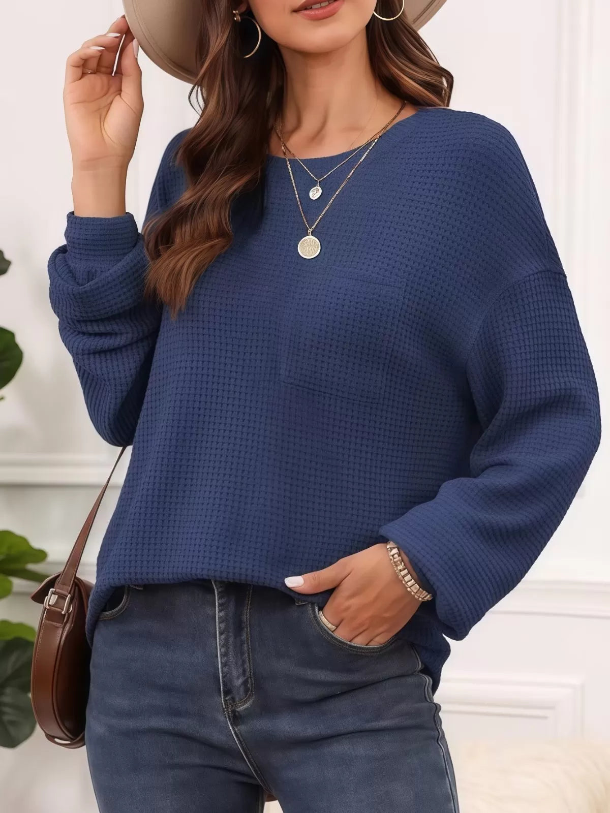 Solid Pocket Round Neck Waffle Knit Business Casual Blouses Basic Shirts