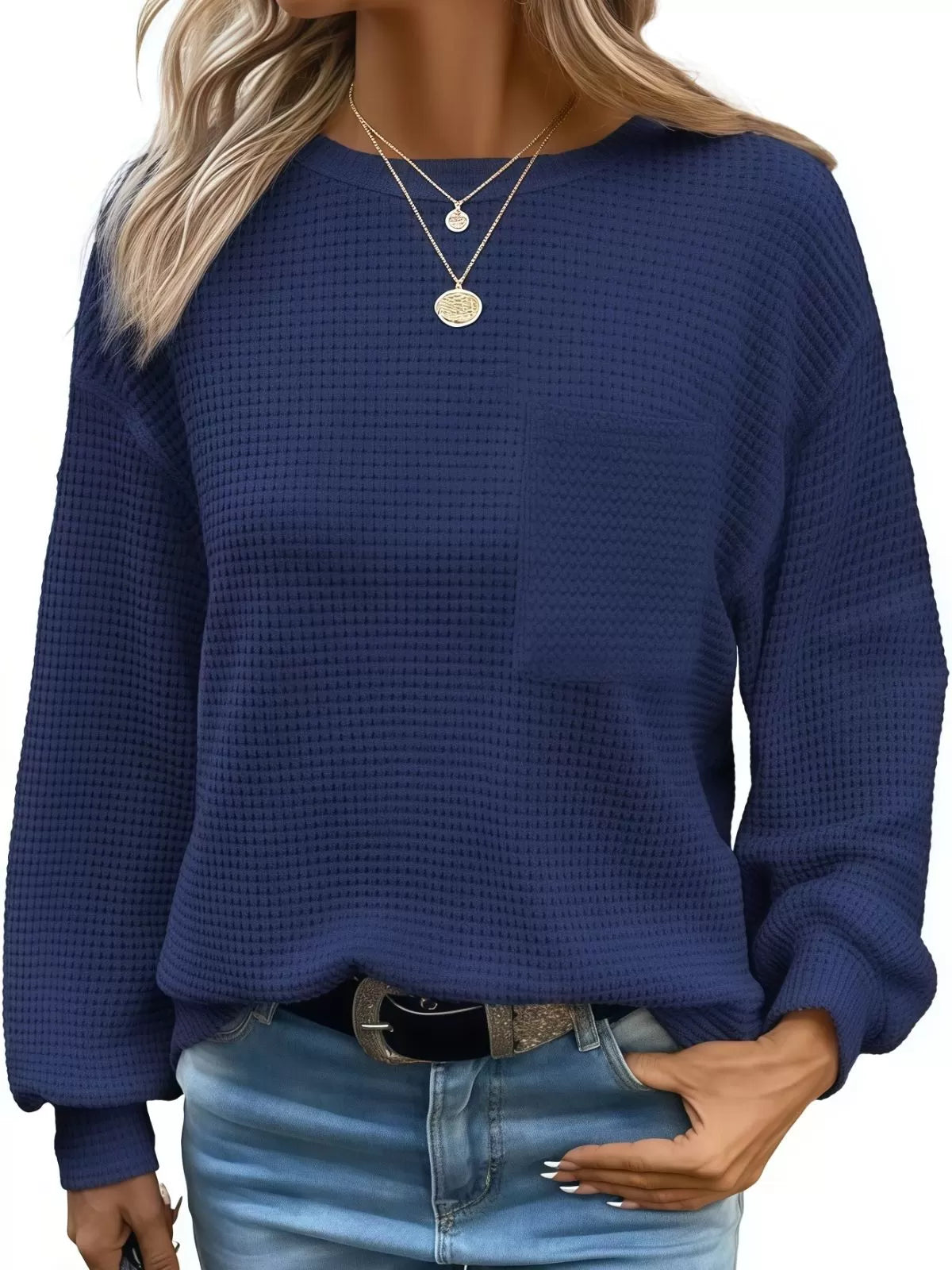 Solid Pocket Round Neck Waffle Knit Business Casual Blouses Basic Shirts
