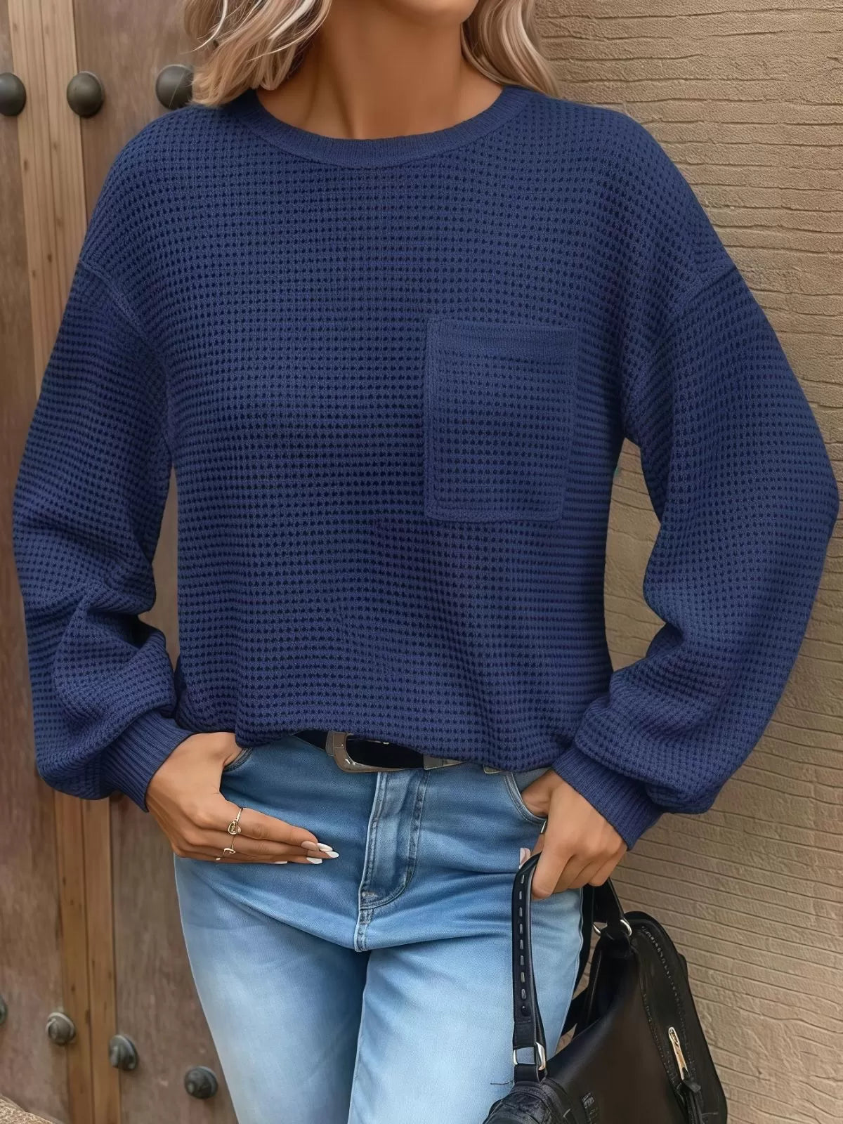 Solid Pocket Round Neck Waffle Knit Business Casual Blouses Basic Shirts