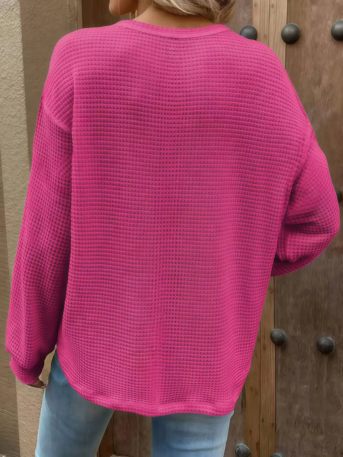 Solid Pocket Round Neck Waffle Knit Business Casual Blouses Basic Shirts
