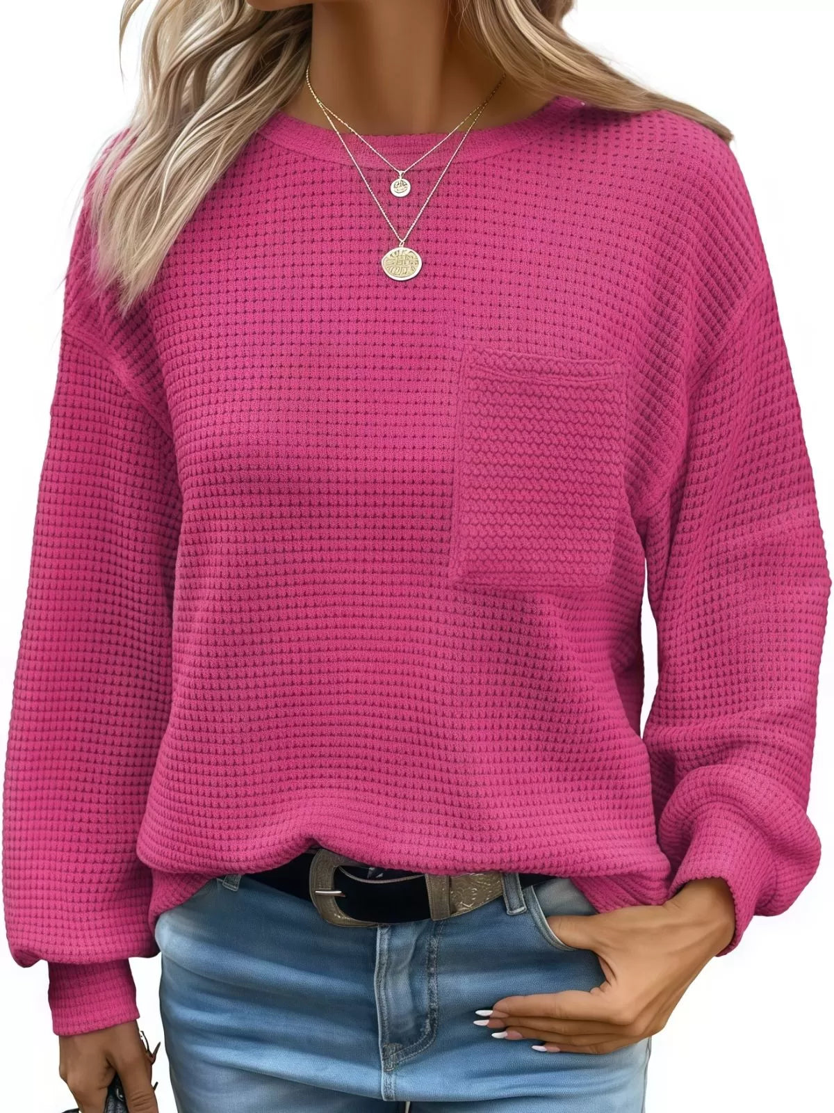 Solid Pocket Round Neck Waffle Knit Business Casual Blouses Basic Shirts