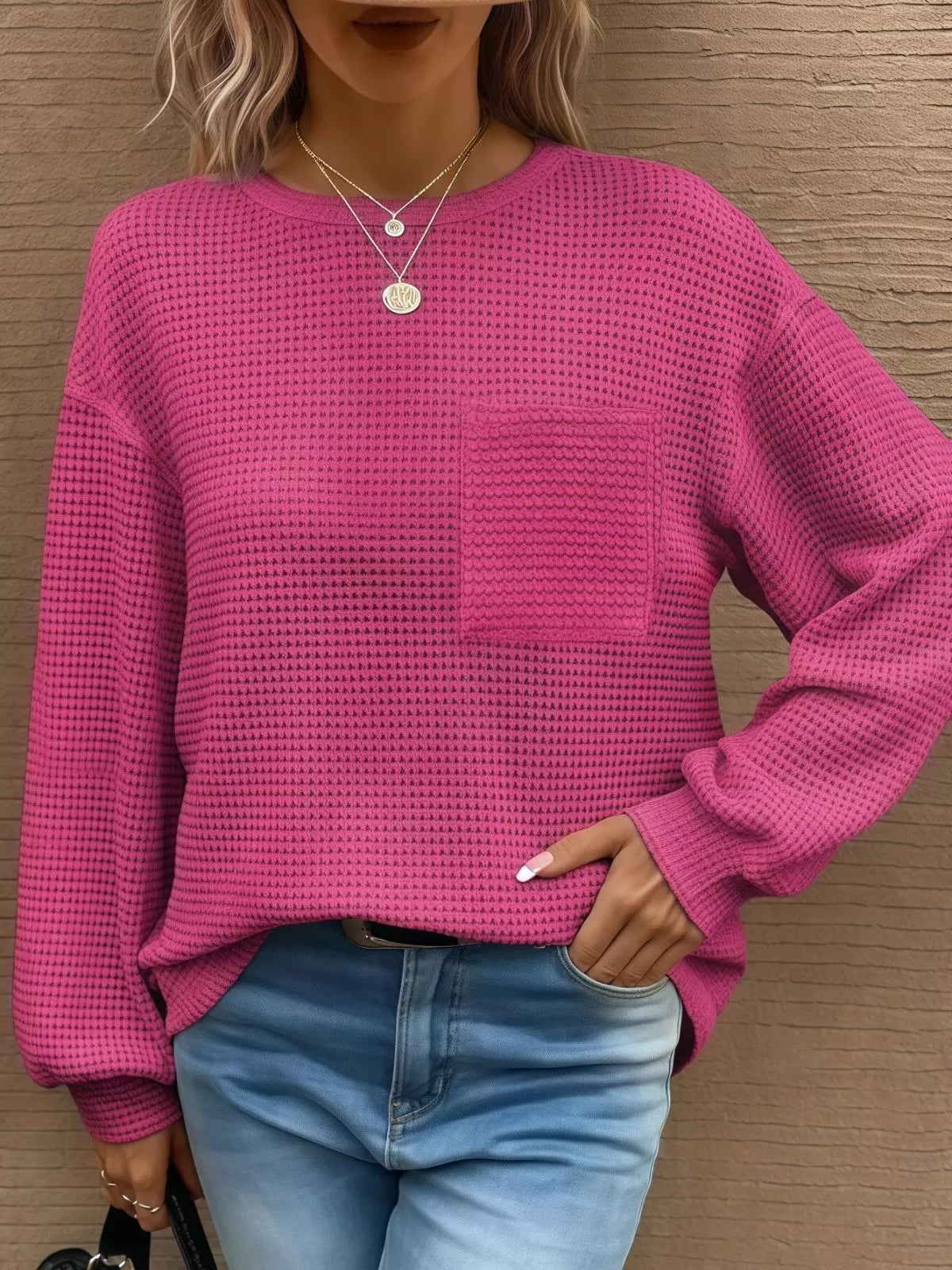 Solid Pocket Round Neck Waffle Knit Business Casual Blouses Basic Shirts