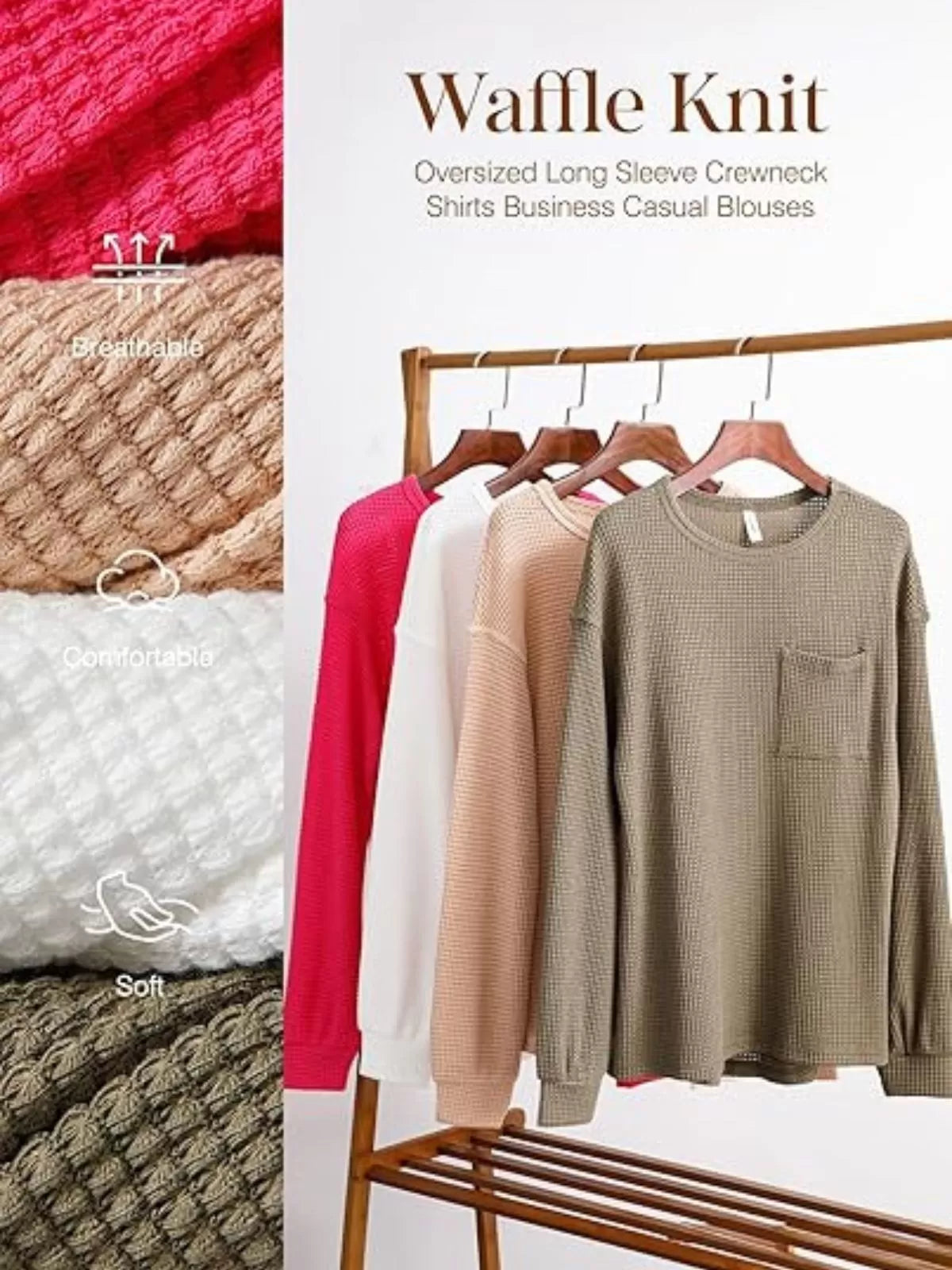 Solid Pocket Round Neck Waffle Knit Business Casual Blouses Basic Shirts