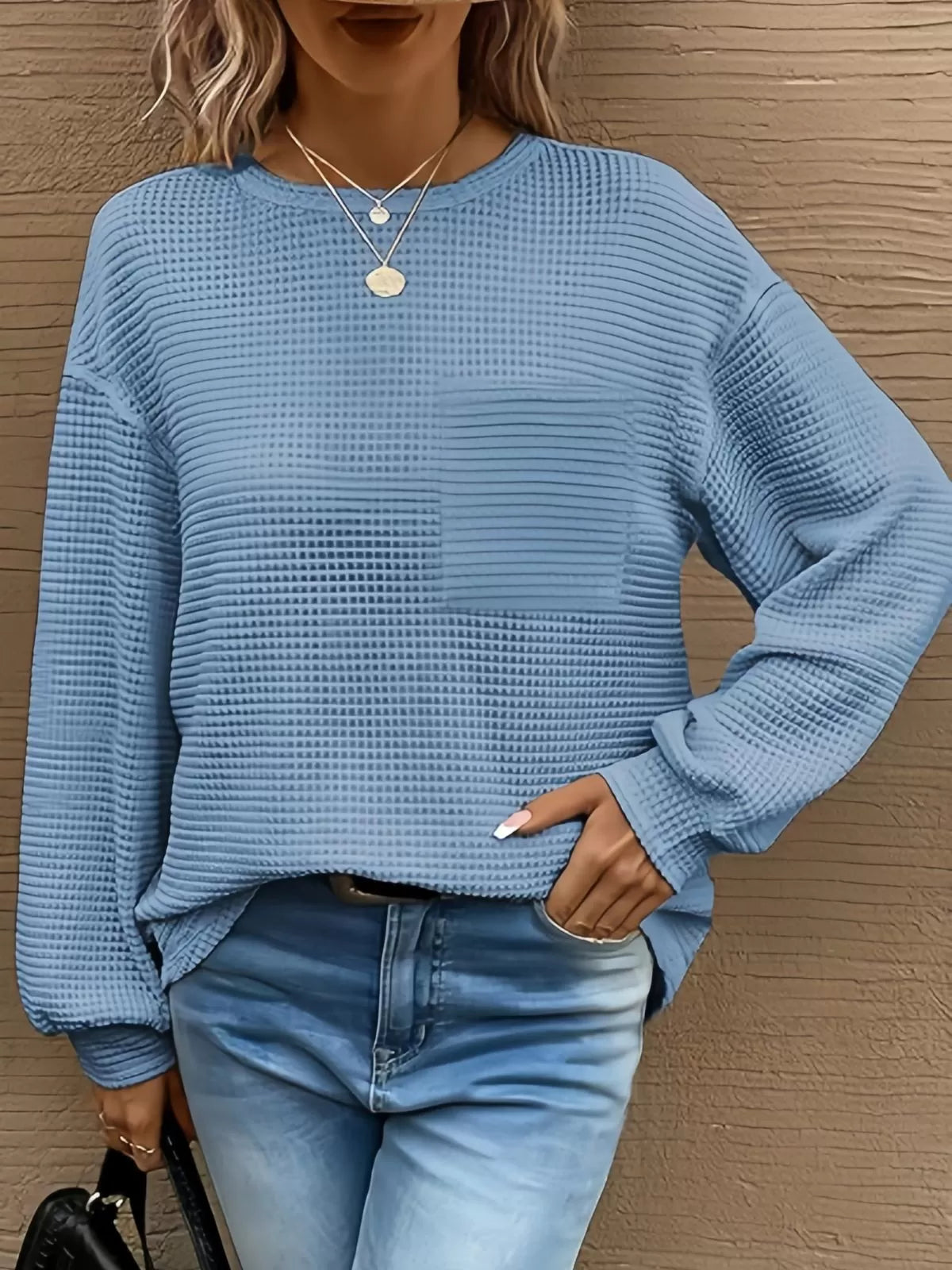 Solid Pocket Round Neck Waffle Knit Business Casual Blouses Basic Shirts