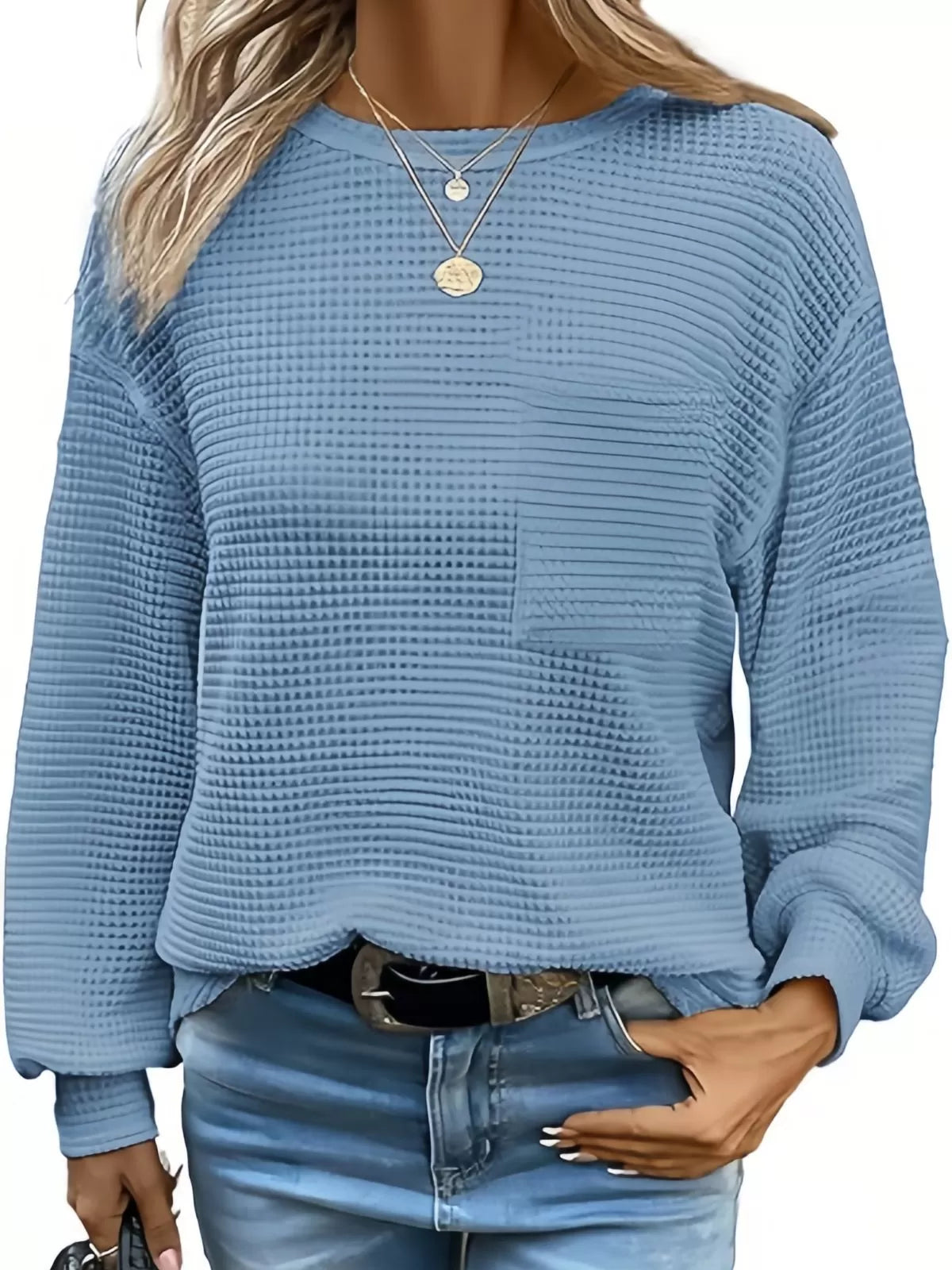 Solid Pocket Round Neck Waffle Knit Business Casual Blouses Basic Shirts