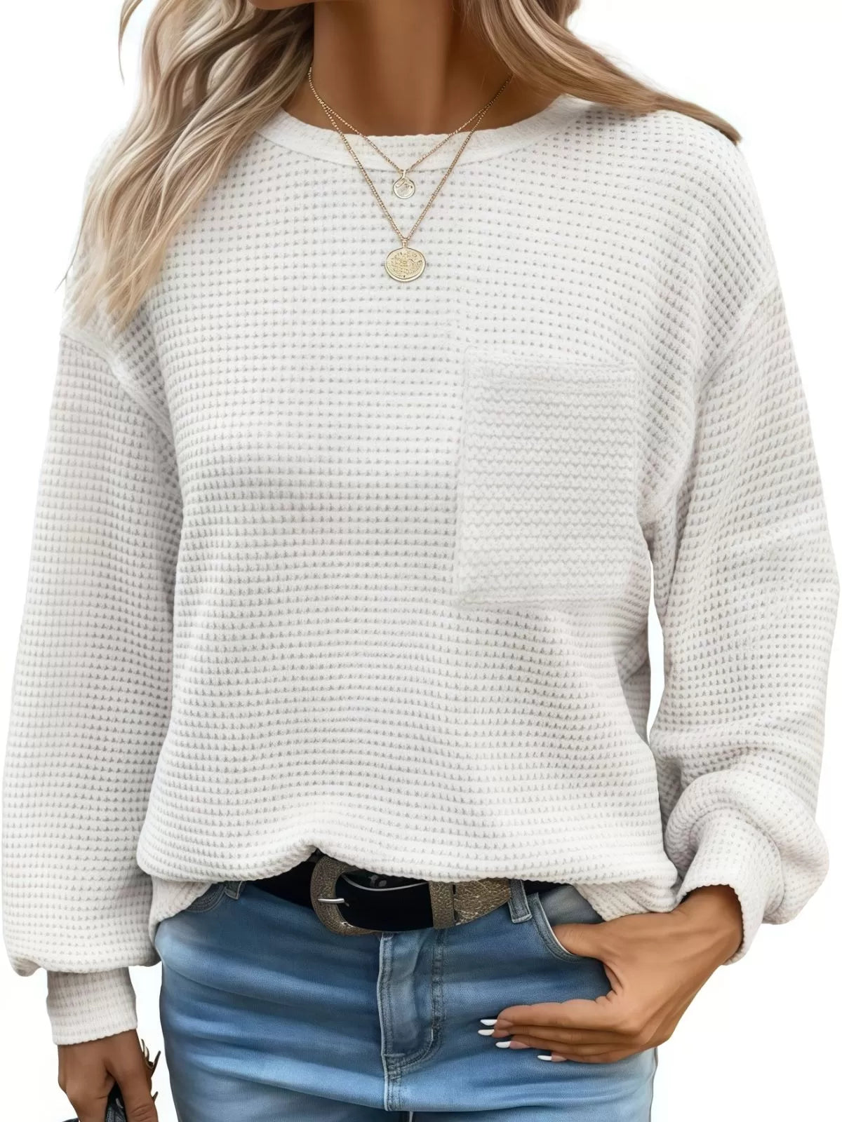Solid Pocket Round Neck Waffle Knit Business Casual Blouses Basic Shirts