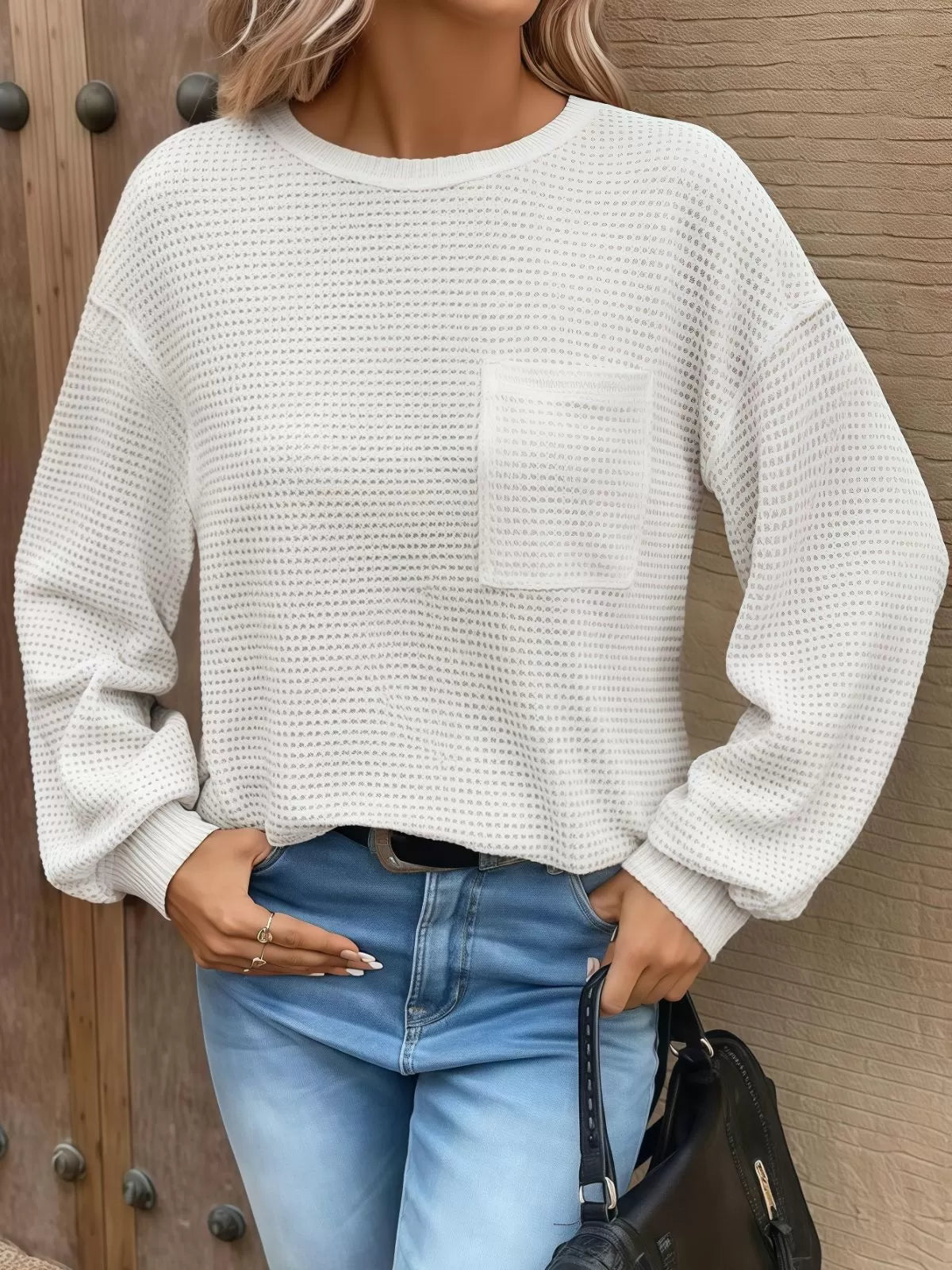 Solid Pocket Round Neck Waffle Knit Business Casual Blouses Basic Shirts