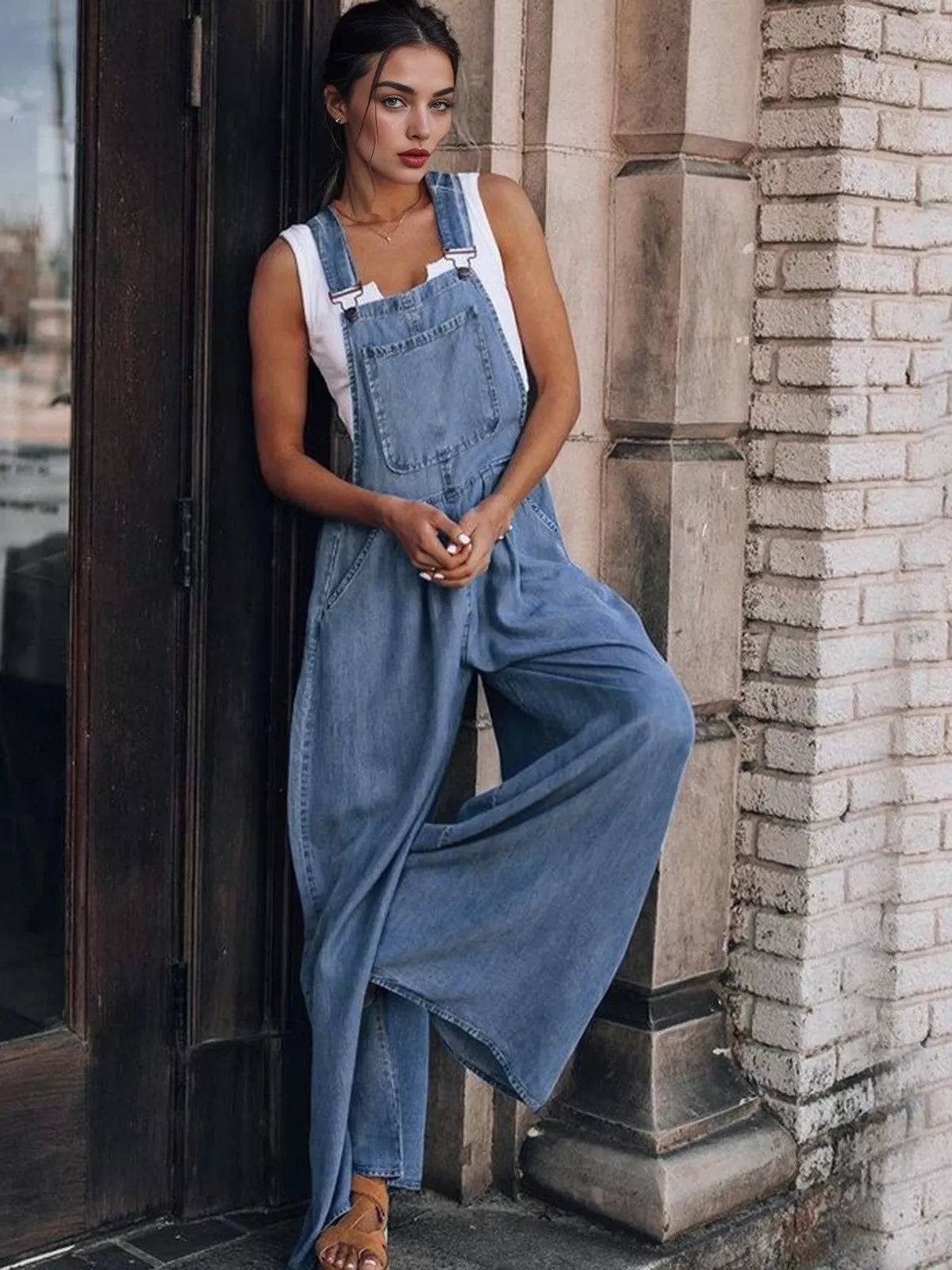 Solid Pocket Suspender High Rise Sleeveless Denim Jumpsuits